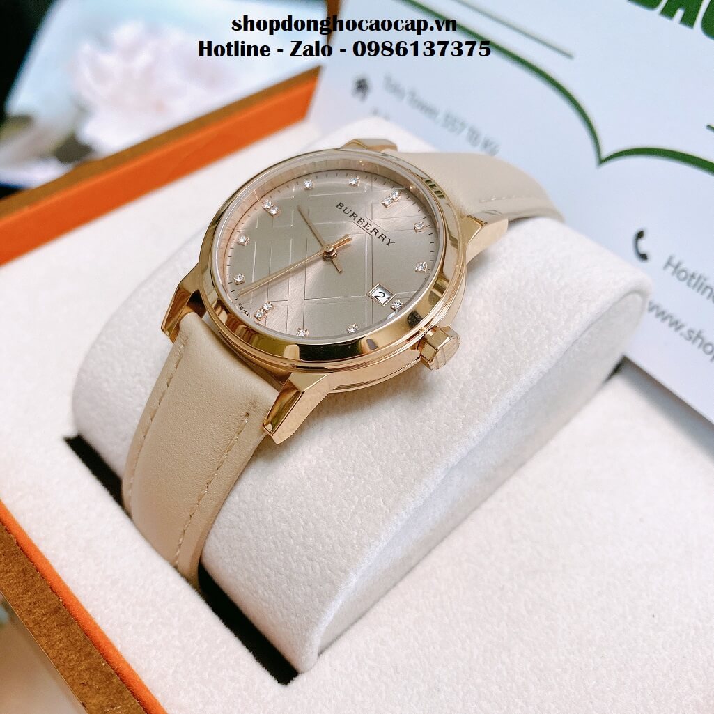 Đồng Hồ Burberry Nữ Dây Da Màu Nude Mặt Hột 34mm