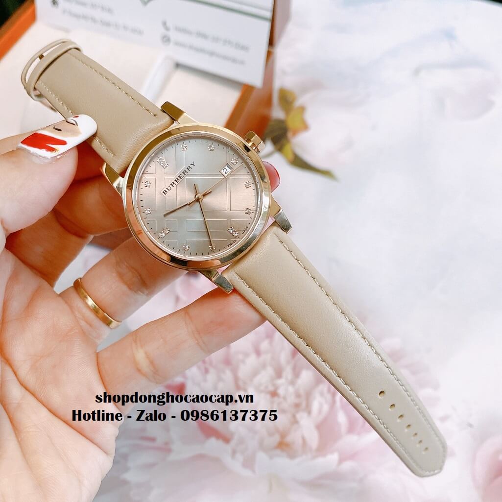 Đồng Hồ Burberry Nữ Dây Da Màu Nude Mặt Hột 34mm