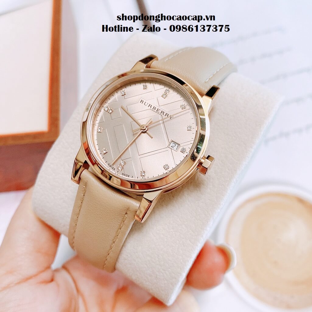 Đồng Hồ Burberry Nữ Dây Da Màu Nude Mặt Hột 34mm