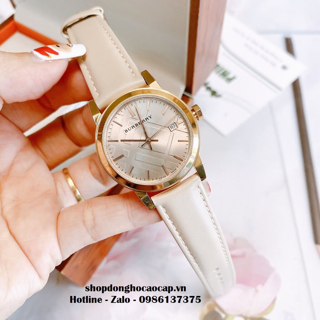 Đồng Hồ Burberry Nữ Dây Da Màu Nude Mặt Chia Vạch 34mm