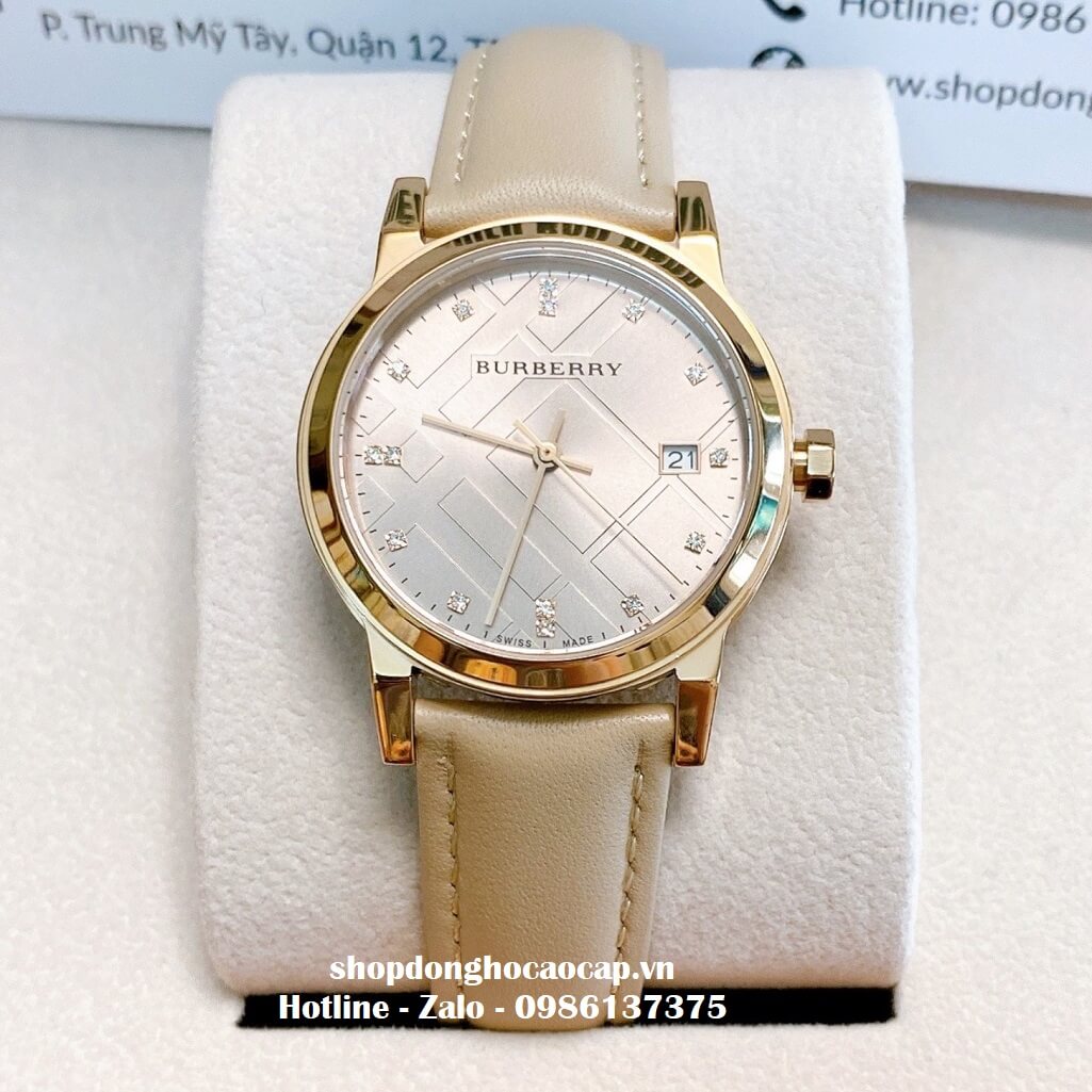 Đồng Hồ Burberry Nữ Dây Da Màu Nude Mặt Hột 34mm