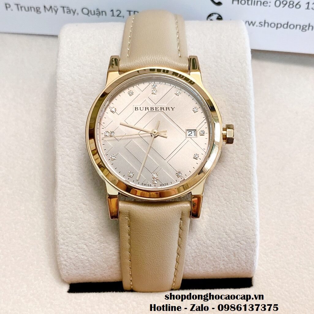 Đồng Hồ Burberry Nữ Dây Da Màu Nude Mặt Hột 34mm