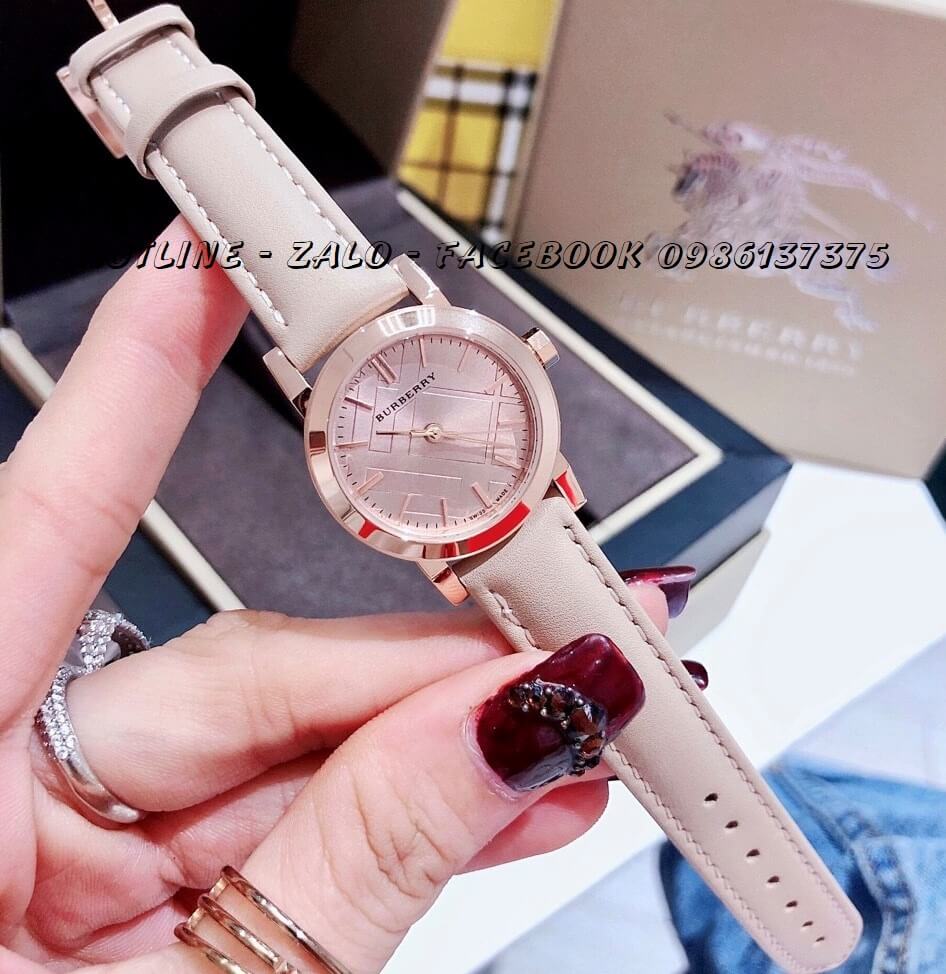 Đồng Hồ Burberry Nữ Dây Da Nude 28mm - Mặt Số Gạch