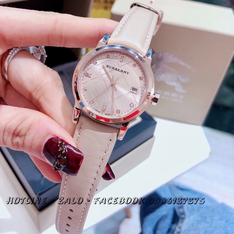 Đồng Hồ Burberry Nữ Dây Da Nude 34mm - Mặt Số Hột