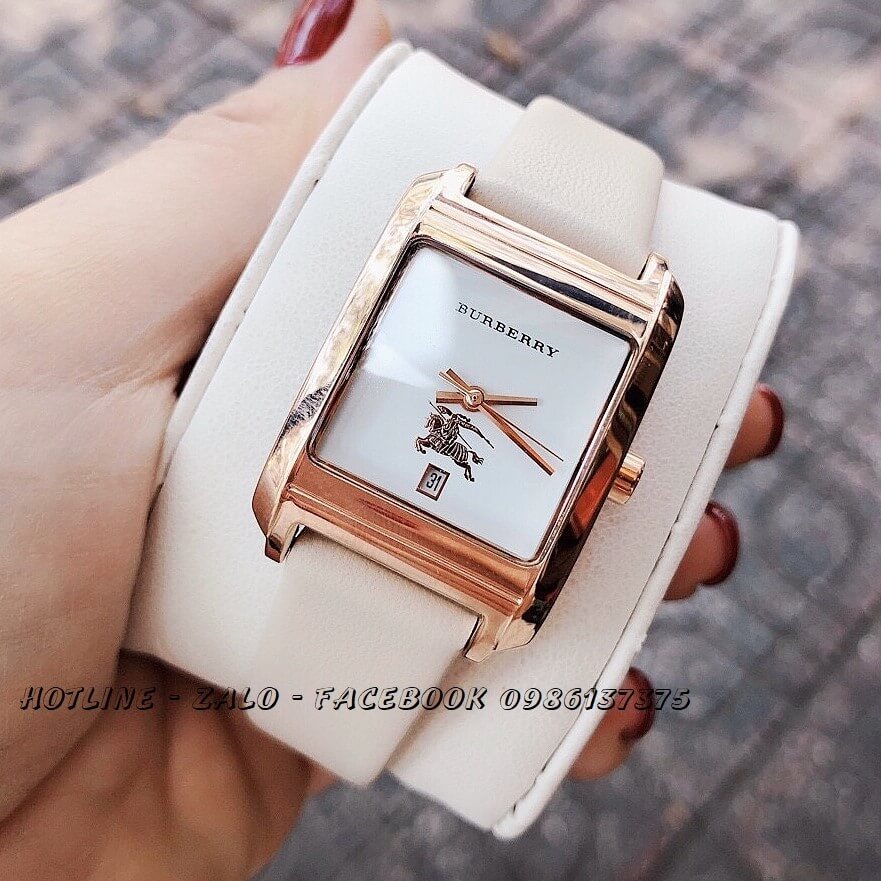 Đồng Hồ Burberry Nữ Dây Da Nude Cao Cấp Mặt Vuông (Vỏ Vàng Hồng)