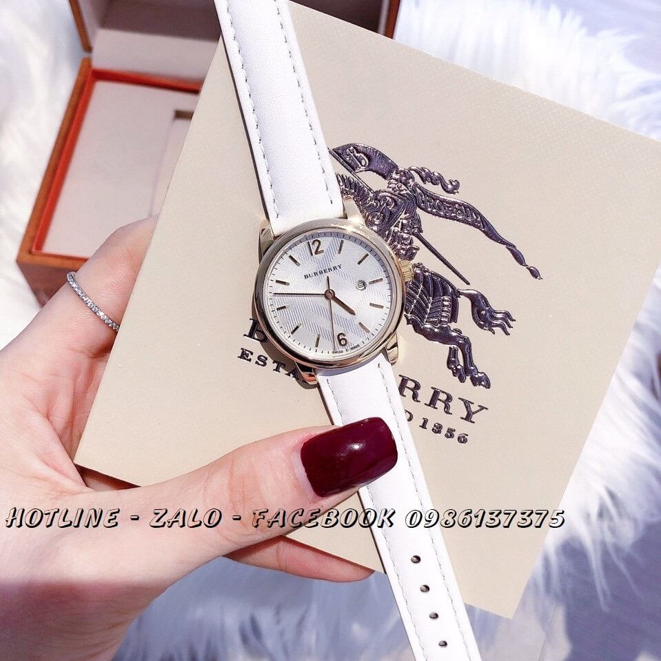 Đồng Hồ Burberry Nữ Dây Da Trắng 32mm Mặt Vàng