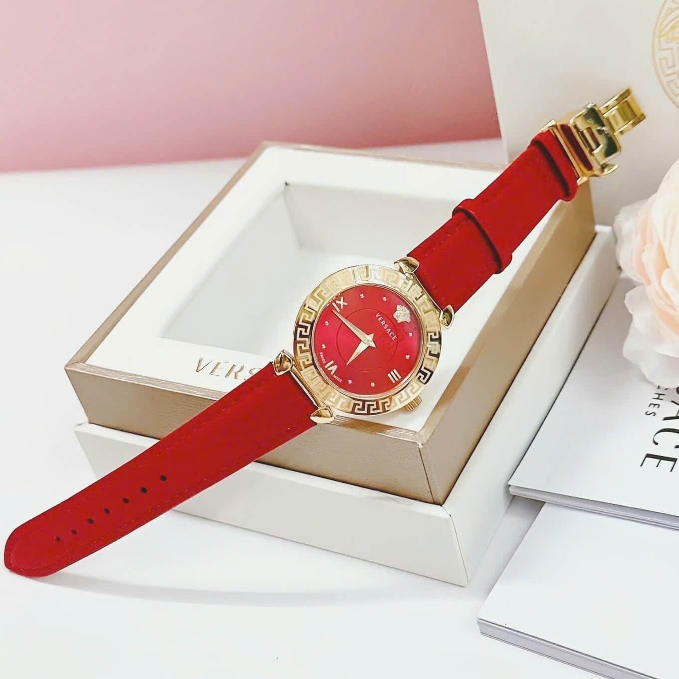 Đồng Hồ Cao Cấp Nữ - Đồng Hồ Versace Daphnis Dây Da Đỏ Vỏ Gold Size 36mm