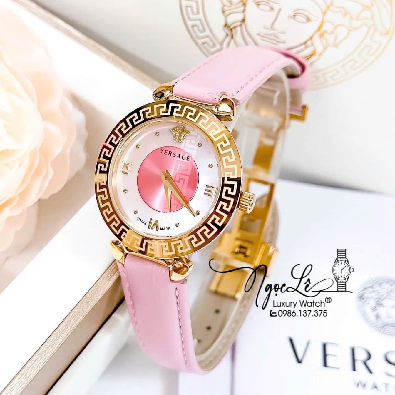 Đồng Hồ Cao Cấp Nữ - Đồng Hồ Versace Daphnis Dây Da Hồng Vỏ Gold Size 36mm