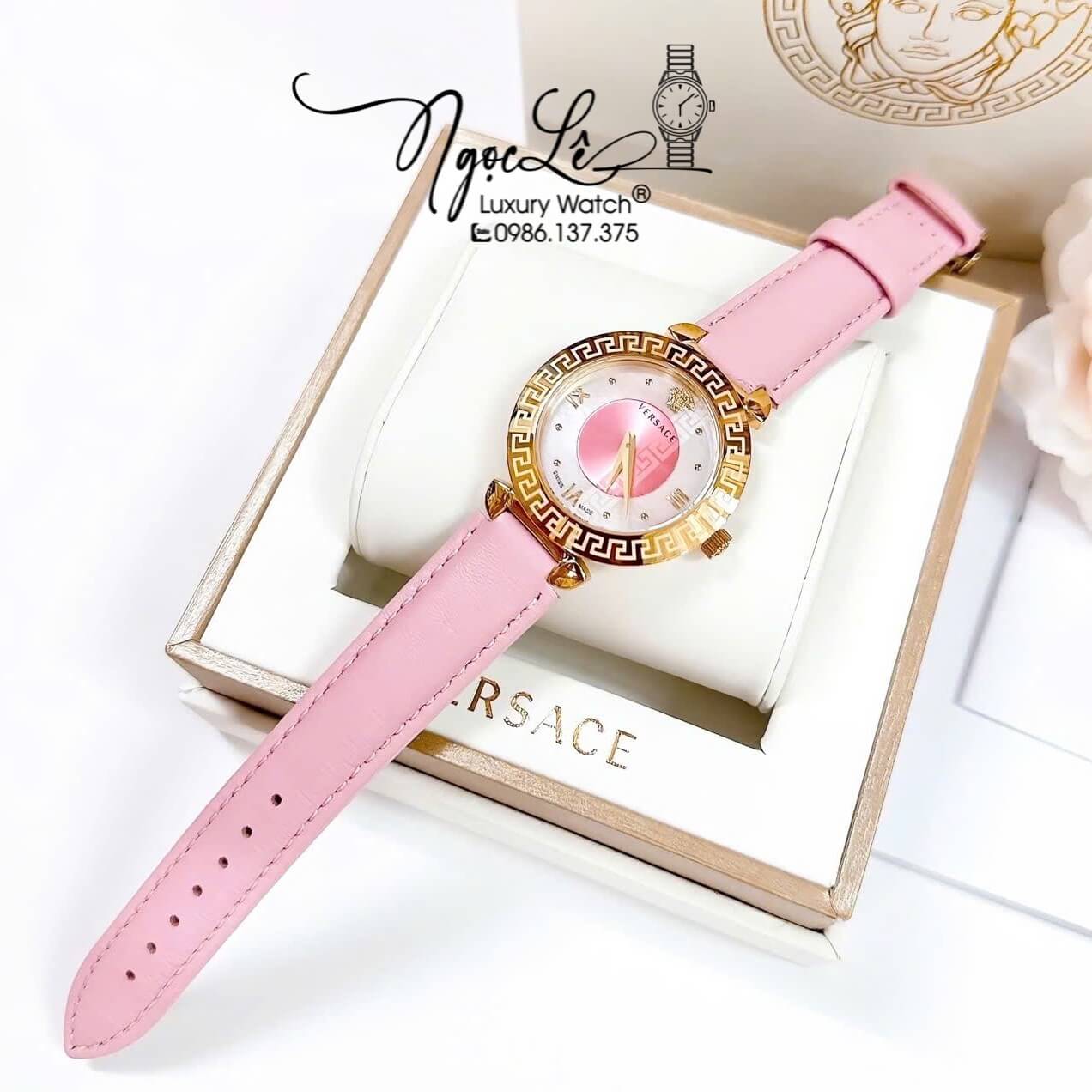 Đồng Hồ Cao Cấp Nữ - Đồng Hồ Versace Daphnis Dây Da Hồng Vỏ Gold Size 36mm