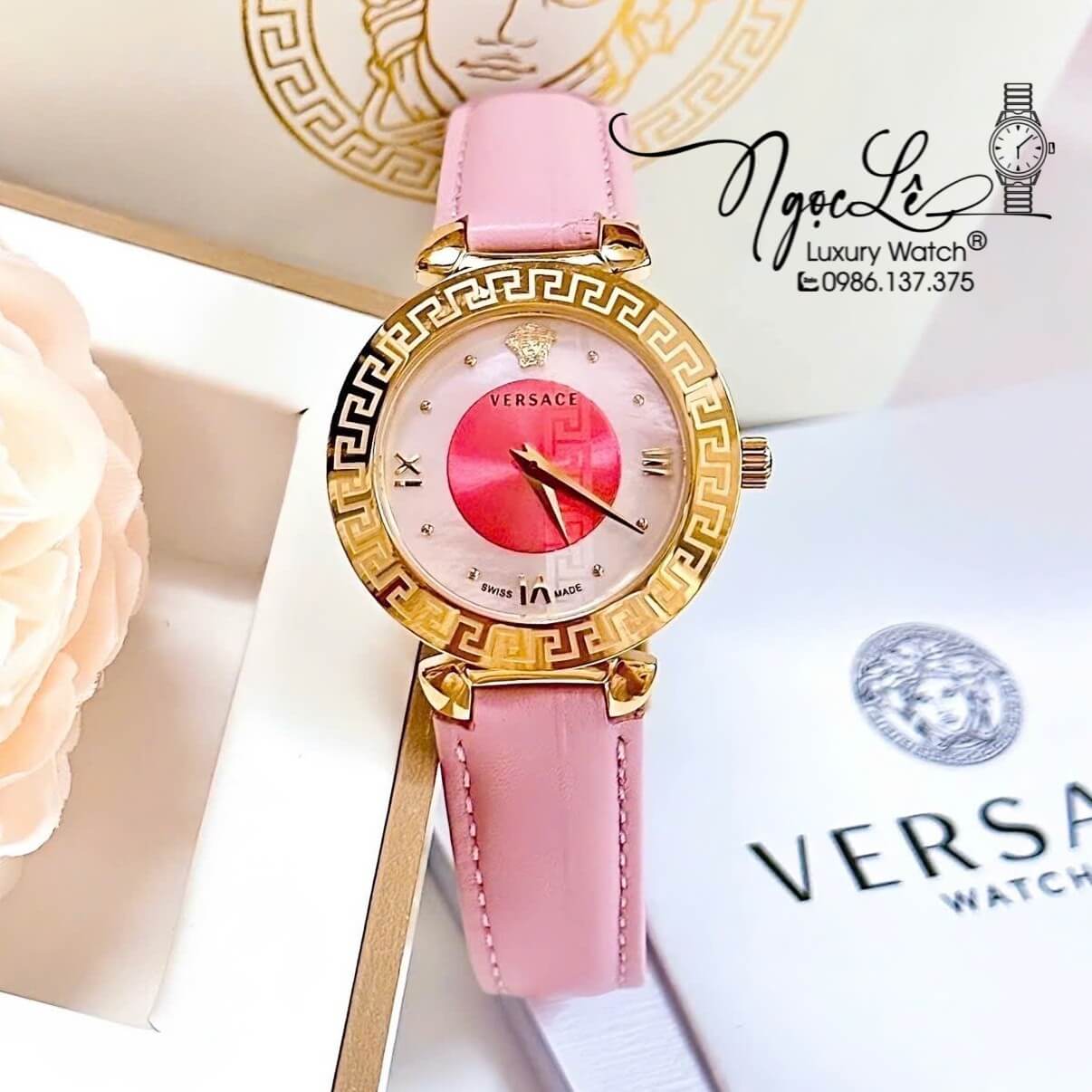 Đồng Hồ Nữ Versace Daphnis Máy Thụy Sỹ Dây Da Hồng 35mm