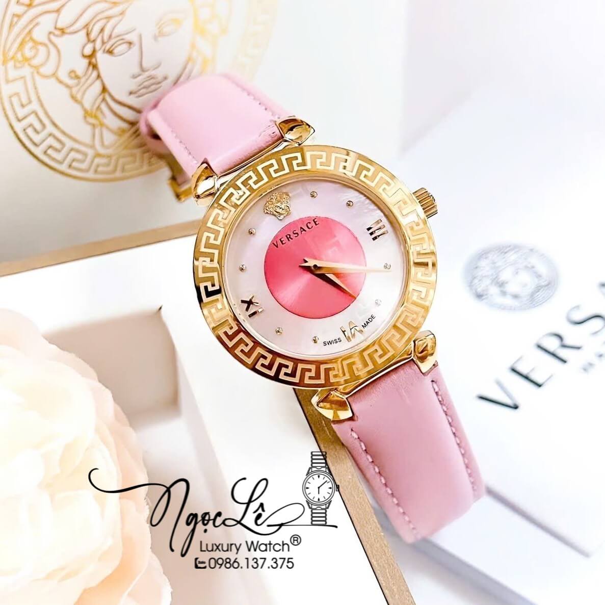 Đồng Hồ Cao Cấp Nữ - Đồng Hồ Versace Daphnis Dây Da Hồng Vỏ Gold Size 36mm