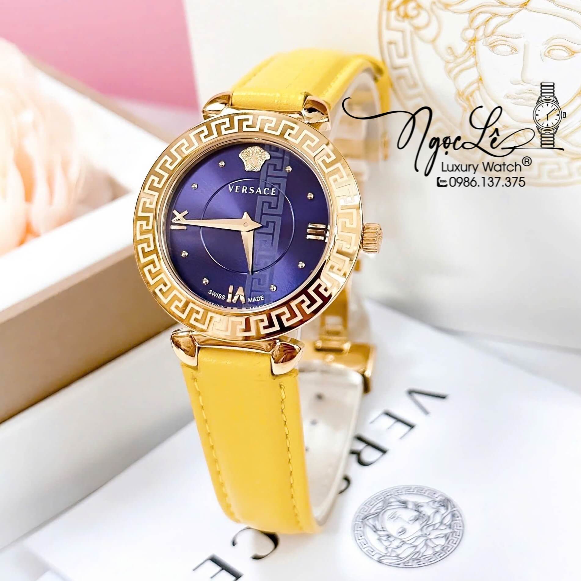 Đồng Hồ Cao Cấp Nữ - Đồng Hồ Versace Daphnis Dây Da Vàng Mặt Xanh Vỏ Gold Size 36mm