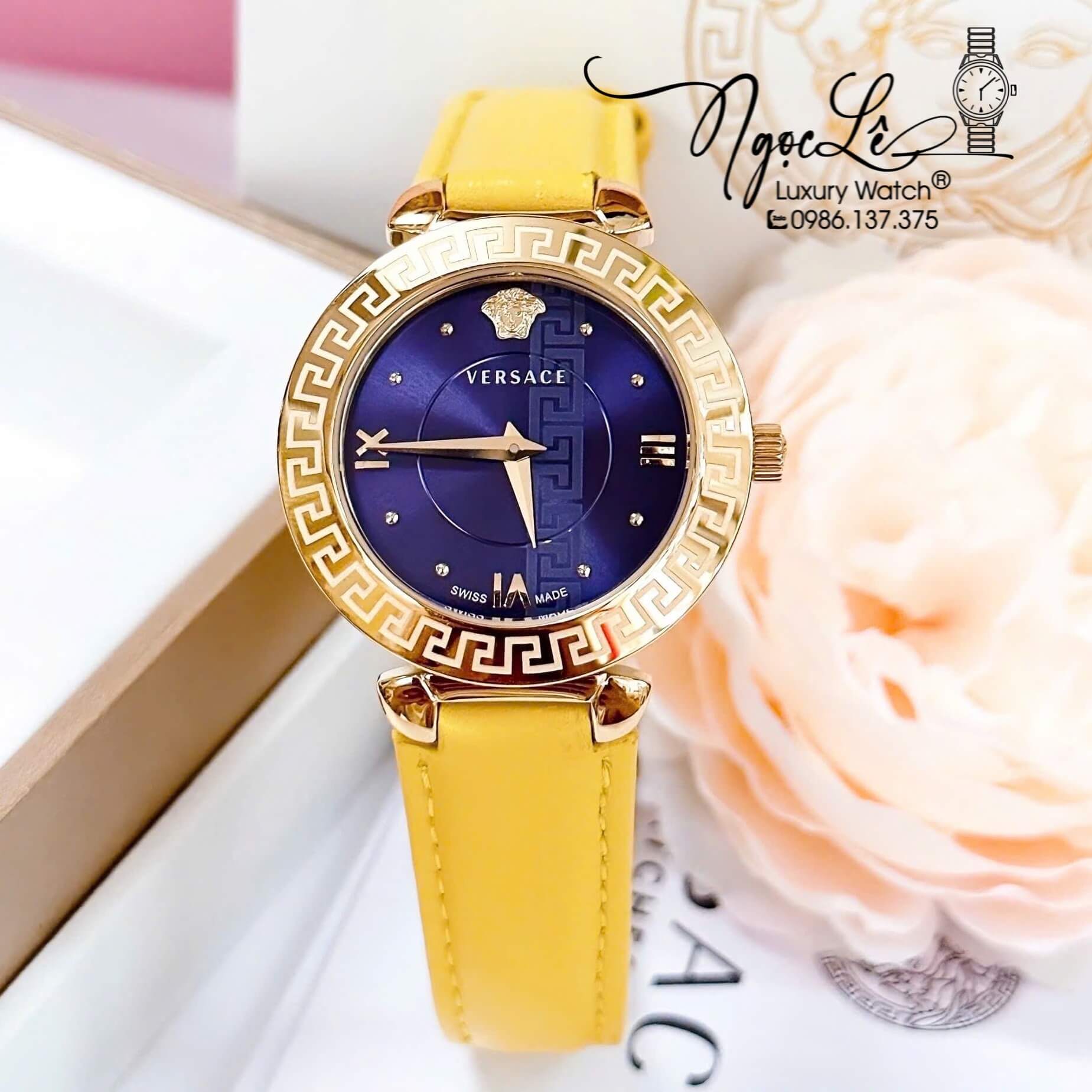 Đồng Hồ Cao Cấp Nữ - Đồng Hồ Versace Daphnis Dây Da Vàng Mặt Xanh Vỏ Gold Size 36mm