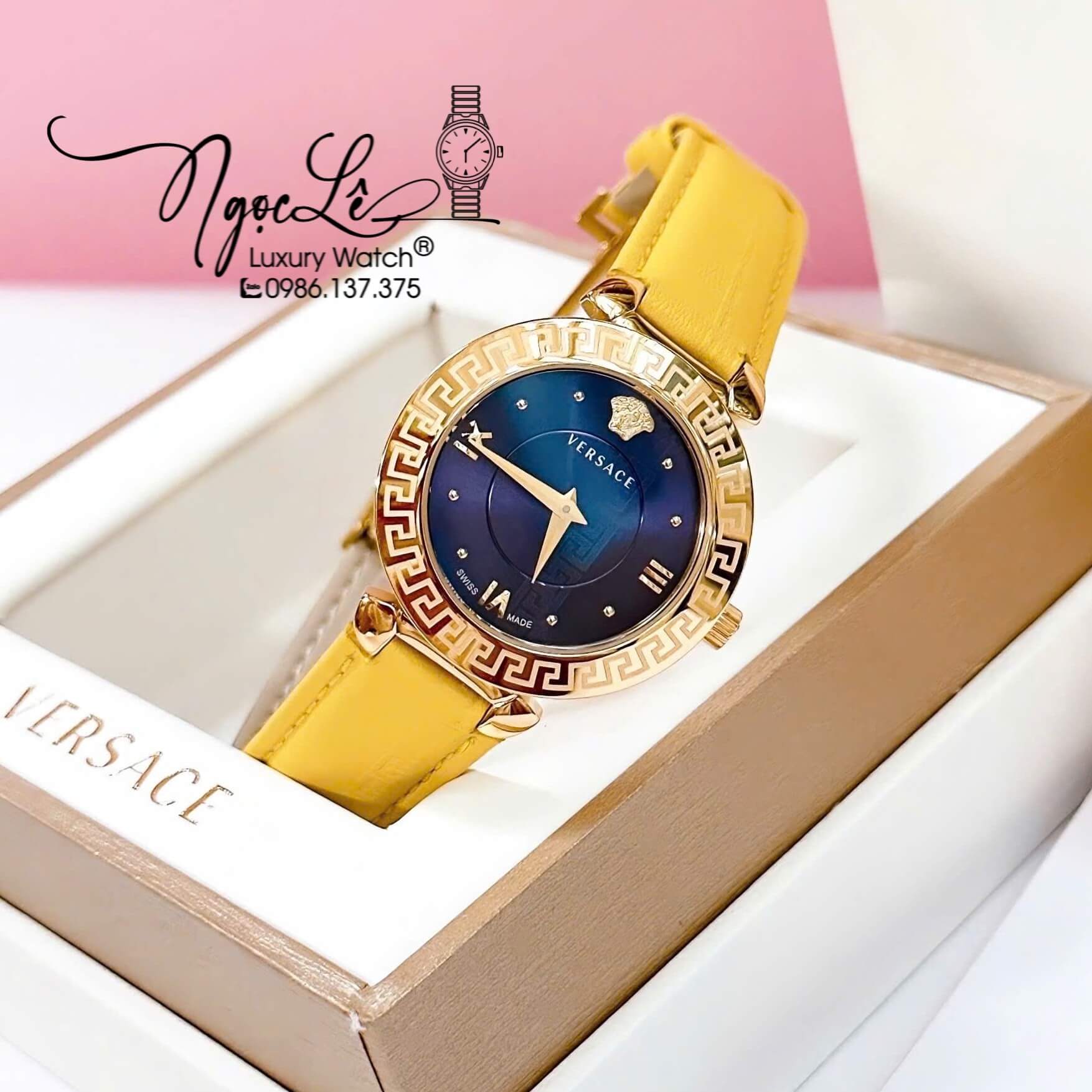 Đồng Hồ Cao Cấp Nữ - Đồng Hồ Versace Daphnis Dây Da Vàng Mặt Xanh Vỏ Gold Size 36mm