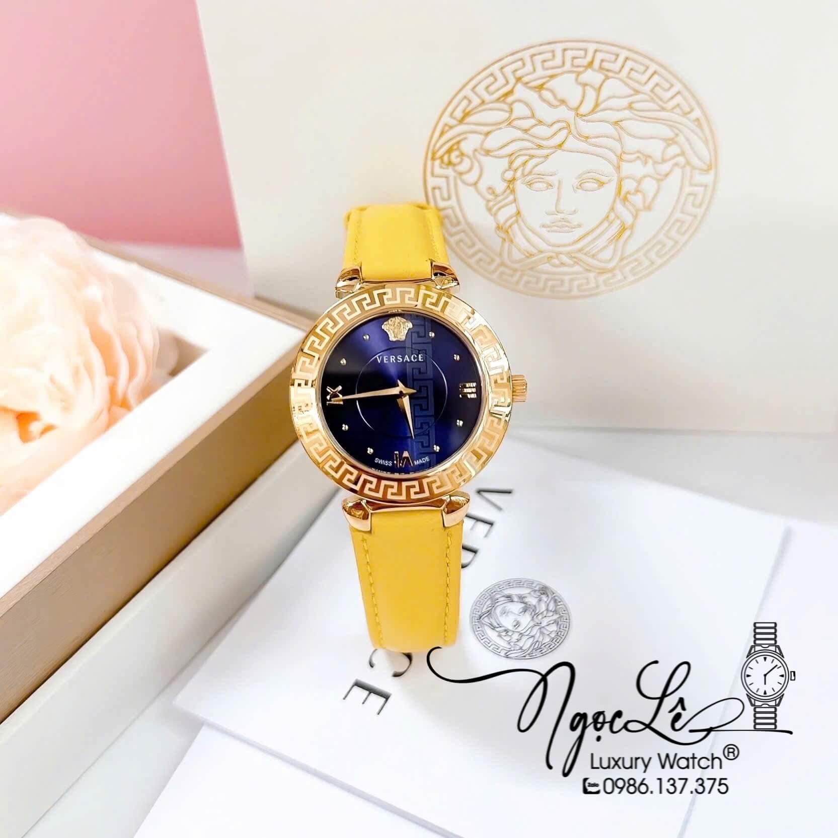 Đồng Hồ Cao Cấp Nữ - Đồng Hồ Versace Daphnis Dây Da Vàng Mặt Xanh Vỏ Gold Size 36mm