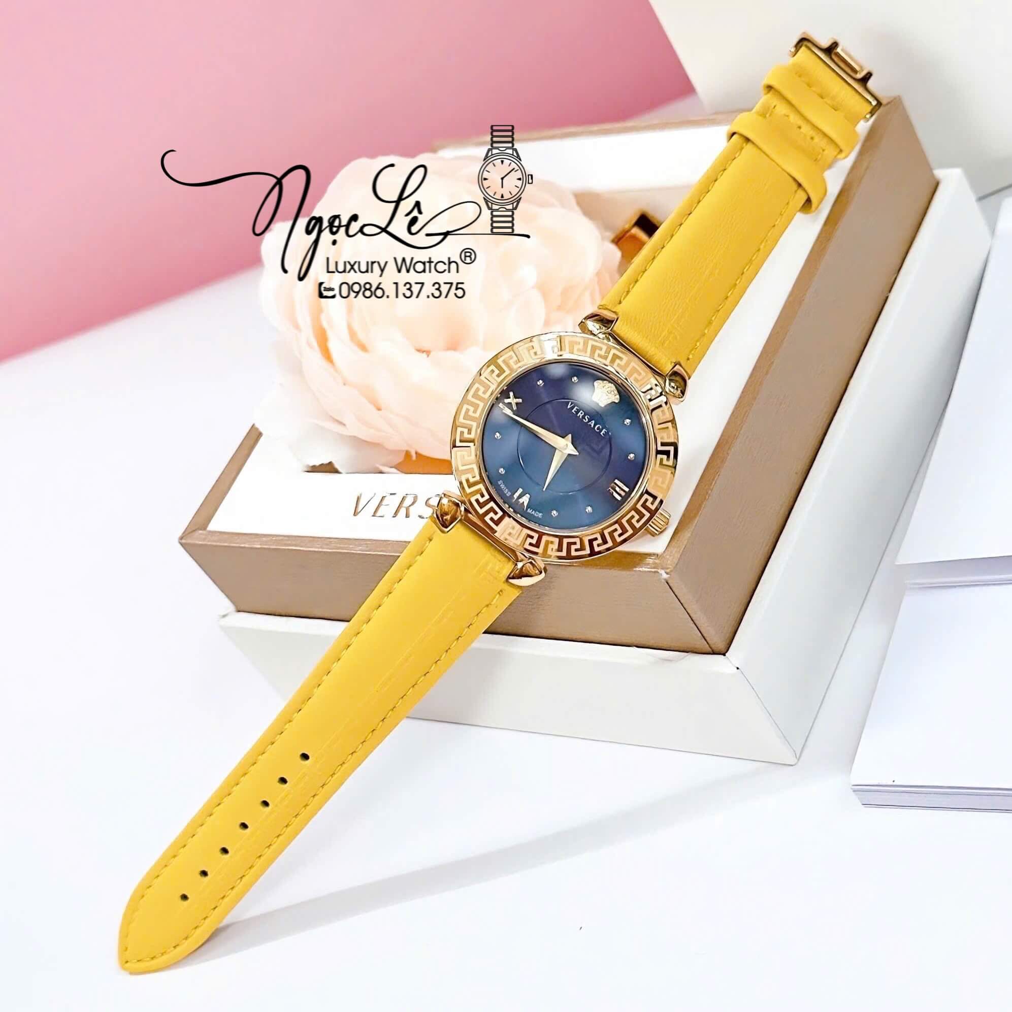 Đồng Hồ Cao Cấp Nữ - Đồng Hồ Versace Daphnis Dây Da Vàng Mặt Xanh Vỏ Gold Size 36mm