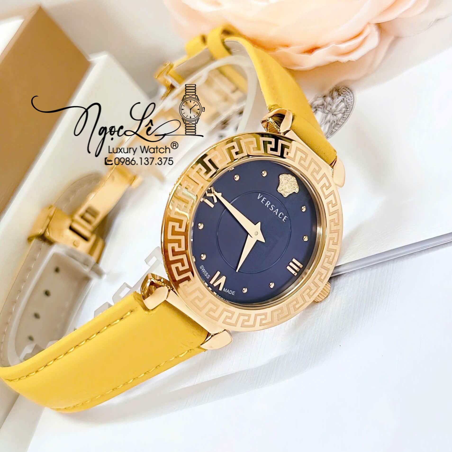 Đồng Hồ Cao Cấp Nữ - Đồng Hồ Versace Daphnis Dây Da Vàng Mặt Xanh Vỏ Gold Size 36mm