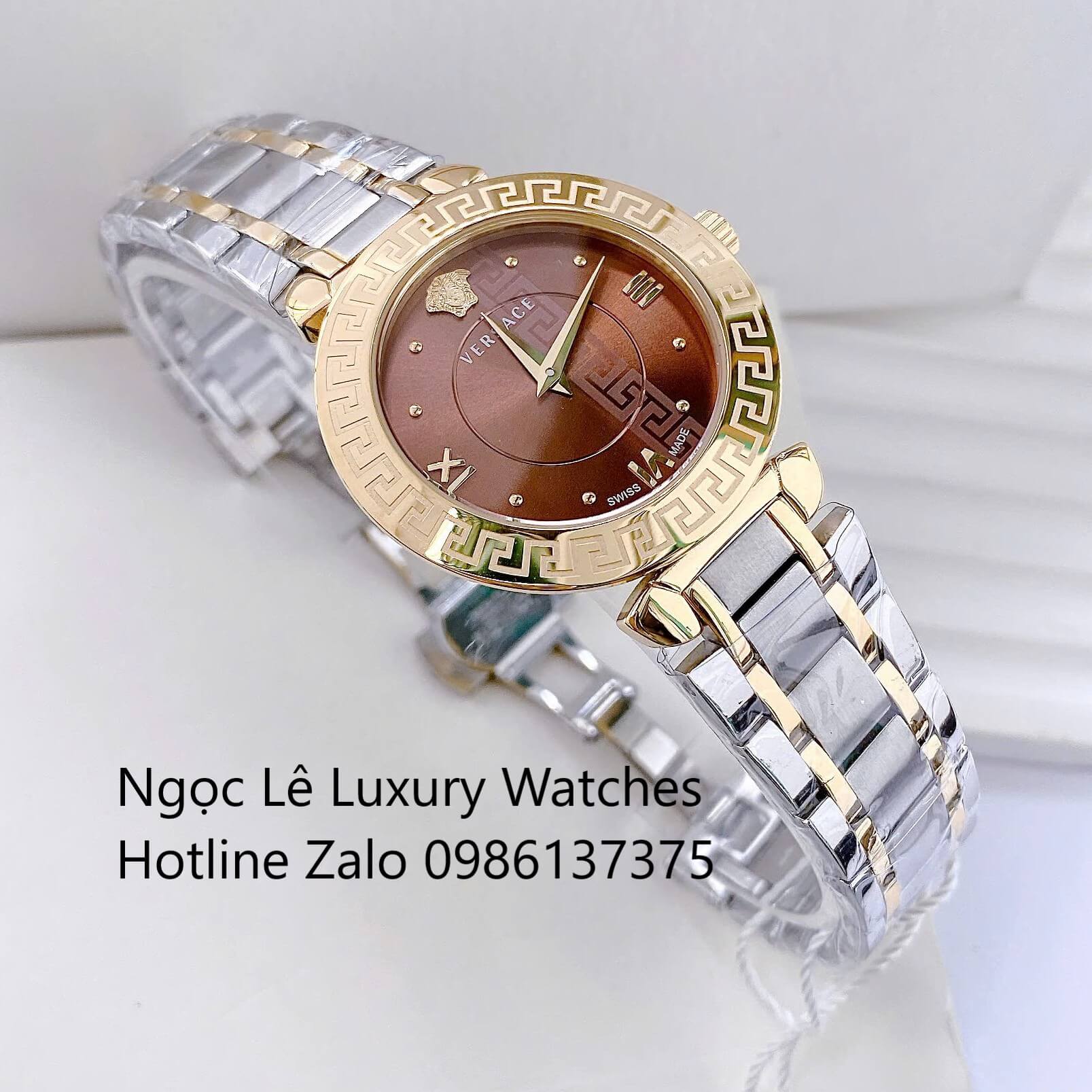 Đồng Hồ Cao Cấp Nữ - Đồng Hồ Versace Daphnis Dây Kim Loại Demi Vàng Mặt Nâu Size 35mm