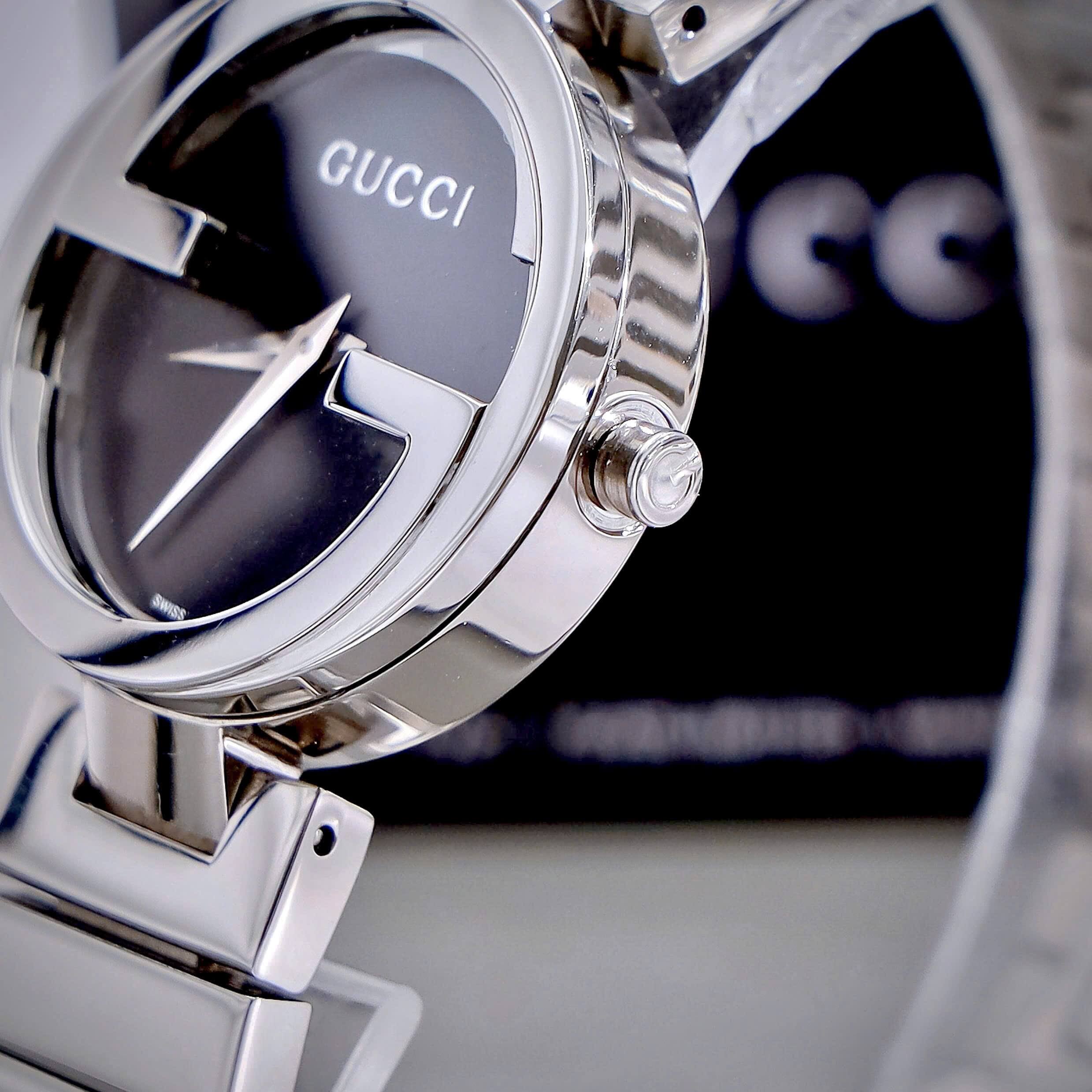 Đồng Hồ Cặp Gucci Dây Kim Loại Bạc Mặt Đen Cao Cấp Nam 44mm Nữ 29mm
