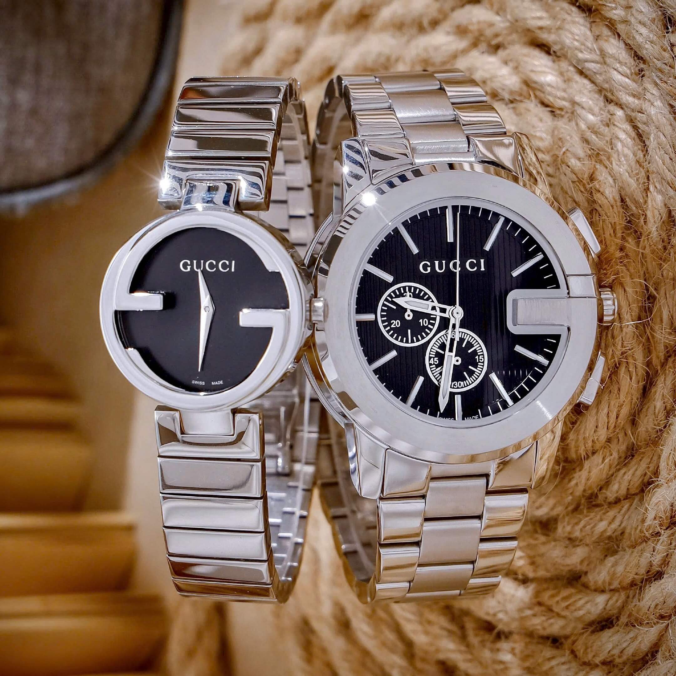 Đồng Hồ Cặp Gucci Dây Kim Loại Bạc Mặt Đen Cao Cấp Nam 44mm Nữ 29mm