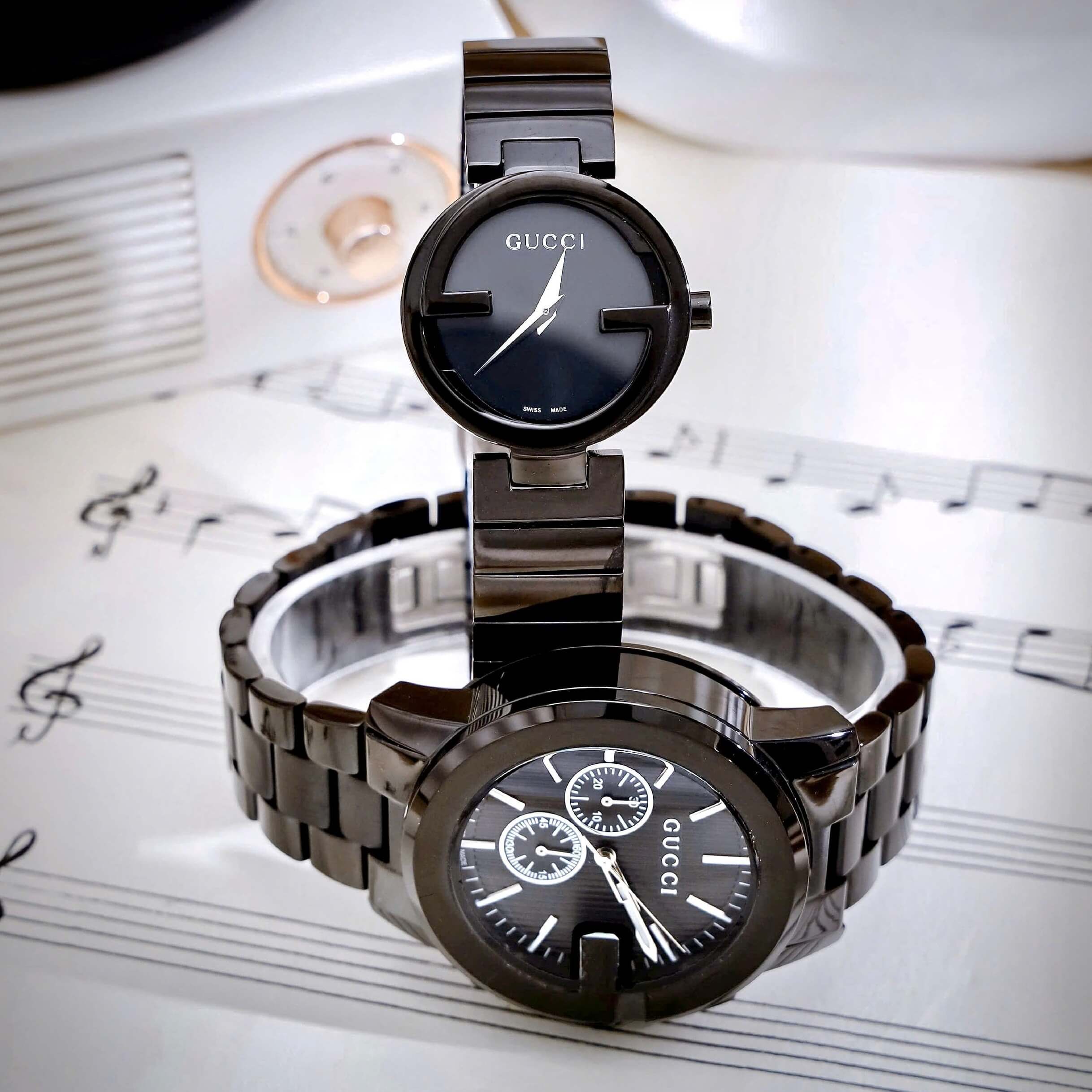 Đồng Hồ Cặp Gucci Dây Kim Loại Màu Đen Cao Cấp Nam 44mm Nữ 29mm Quartz