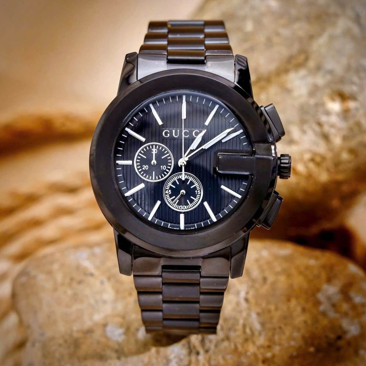 Đồng Hồ Cặp Gucci Dây Kim Loại Màu Đen Cao Cấp Nam 44mm Nữ 29mm Quartz