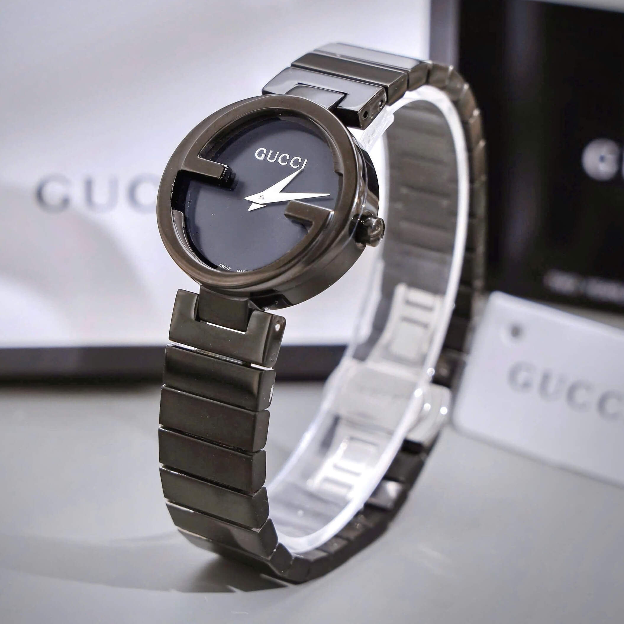 Đồng Hồ Cặp Gucci Dây Kim Loại Màu Đen Cao Cấp Nam 44mm Nữ 29mm Quartz