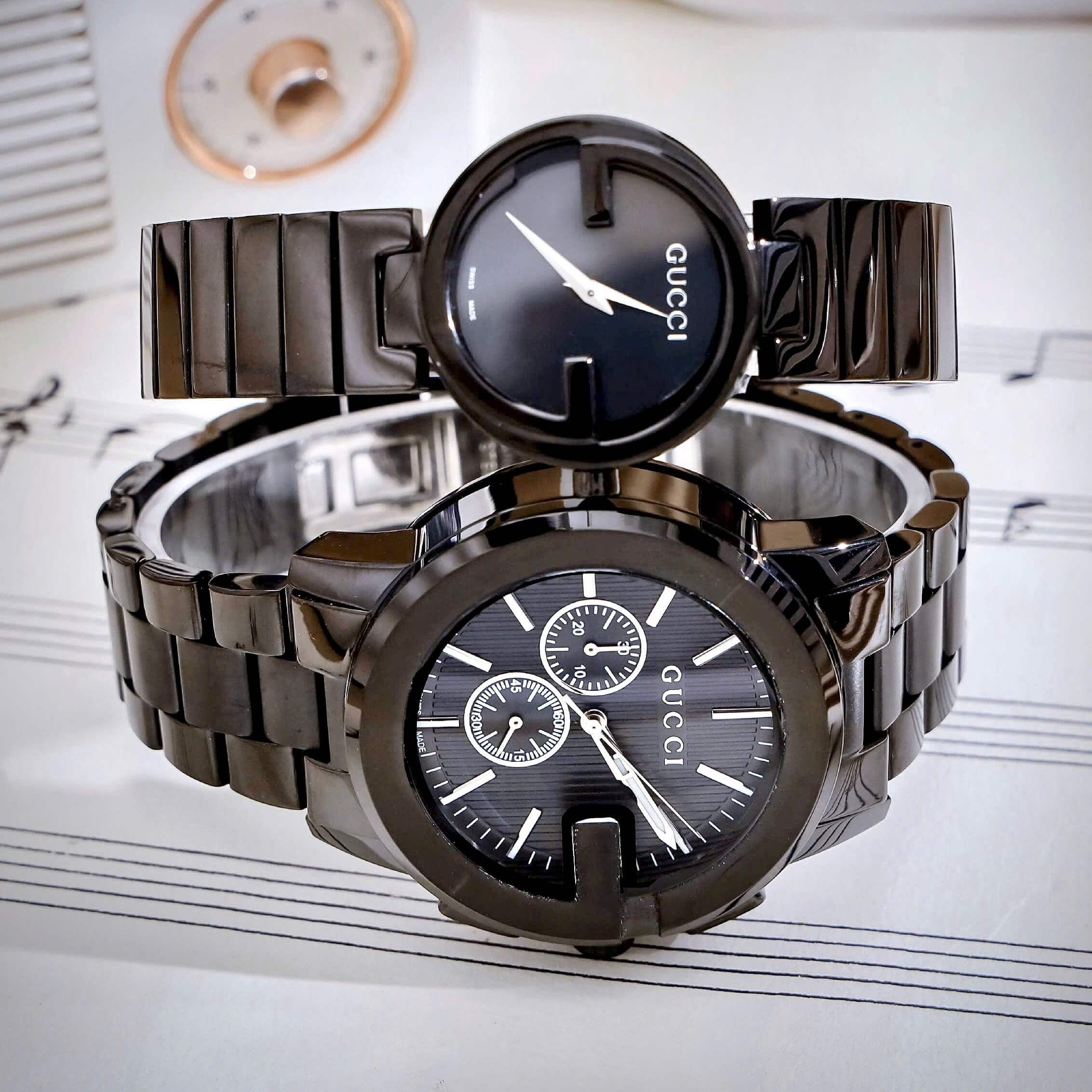 Đồng Hồ Cặp Gucci Dây Kim Loại Màu Đen Cao Cấp Nam 44mm Nữ 29mm Quartz