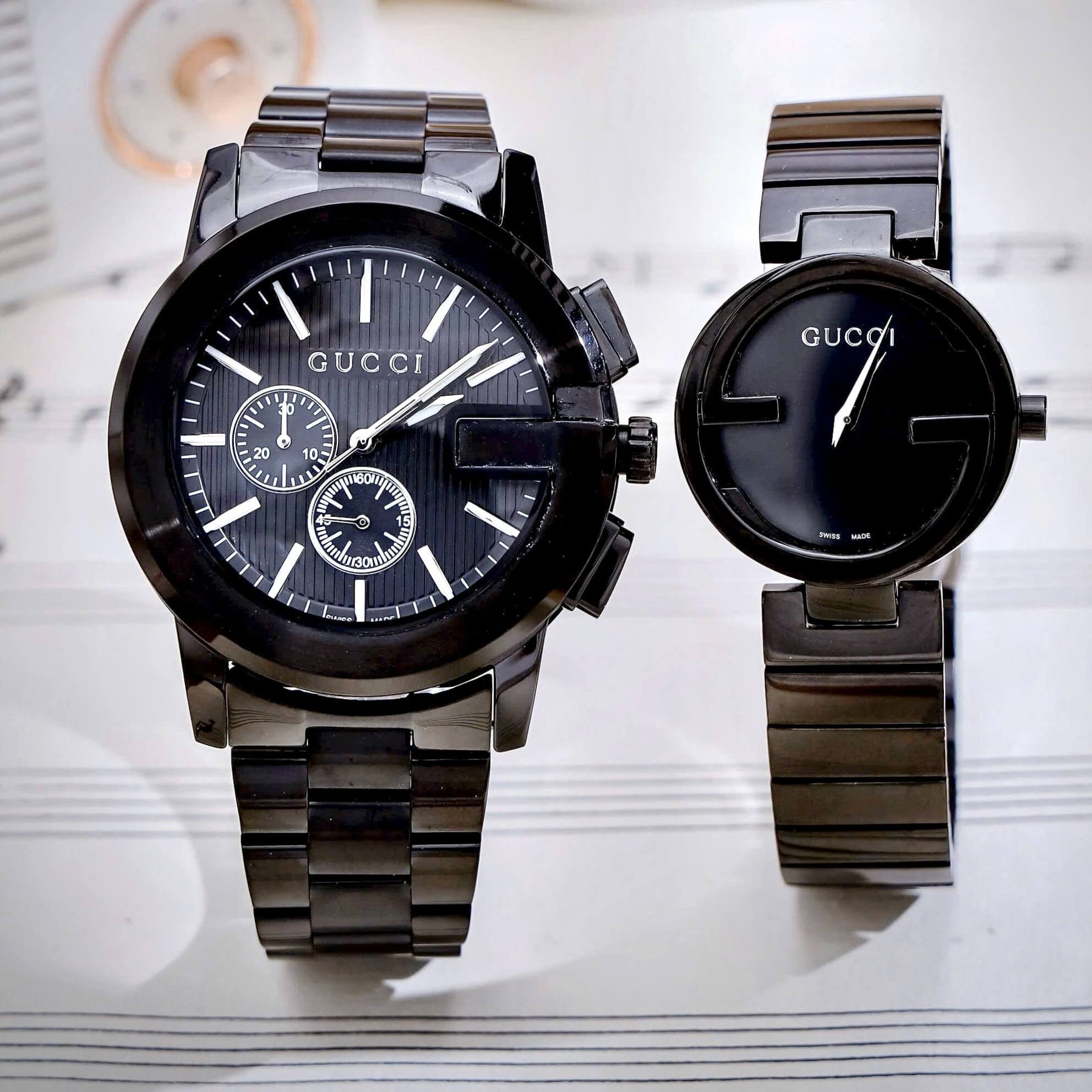 Đồng Hồ Cặp Gucci Dây Kim Loại Màu Đen Cao Cấp Nam 44mm Nữ 29mm Quartz