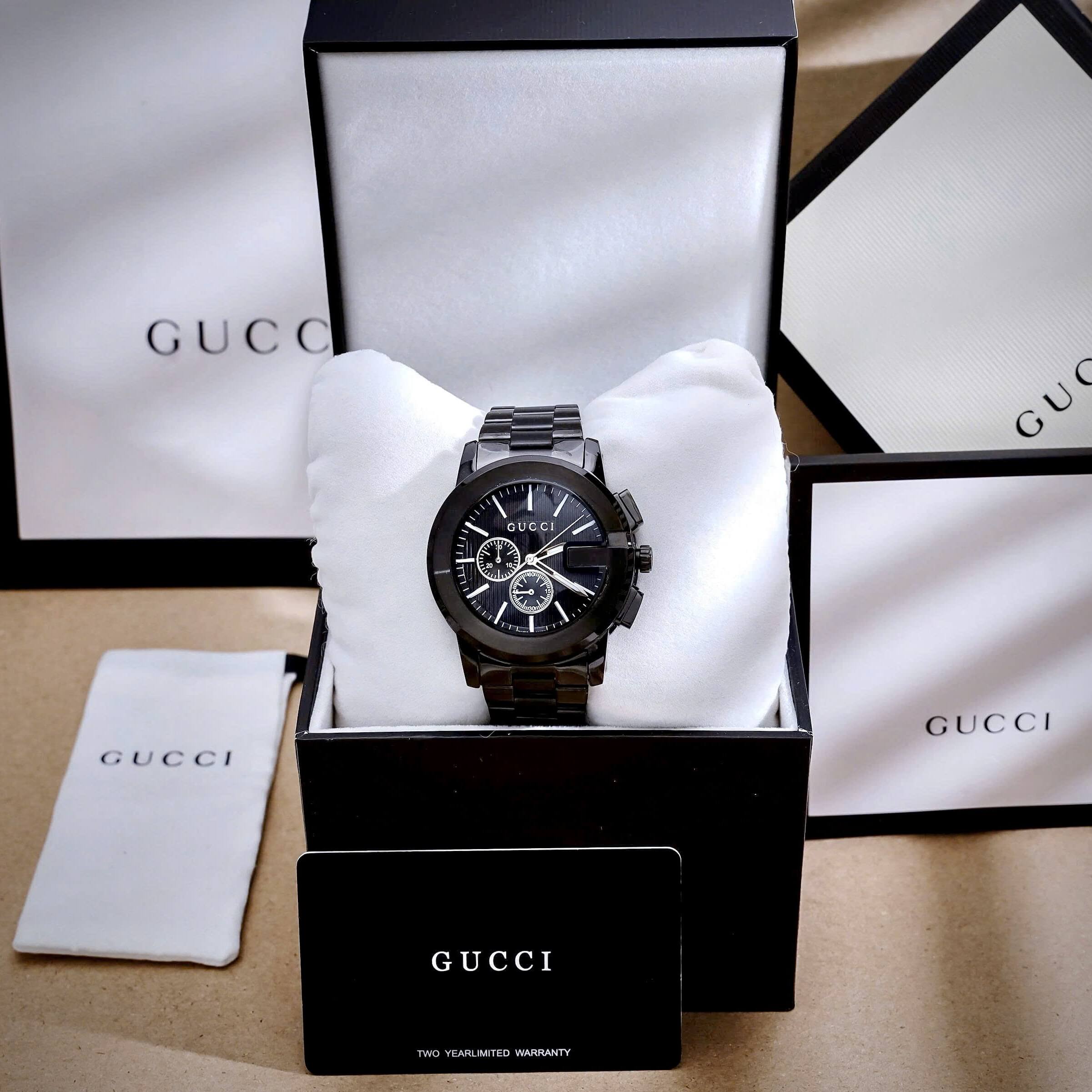 Đồng Hồ Cặp Gucci Dây Kim Loại Màu Đen Cao Cấp Nam 44mm Nữ 29mm Quartz