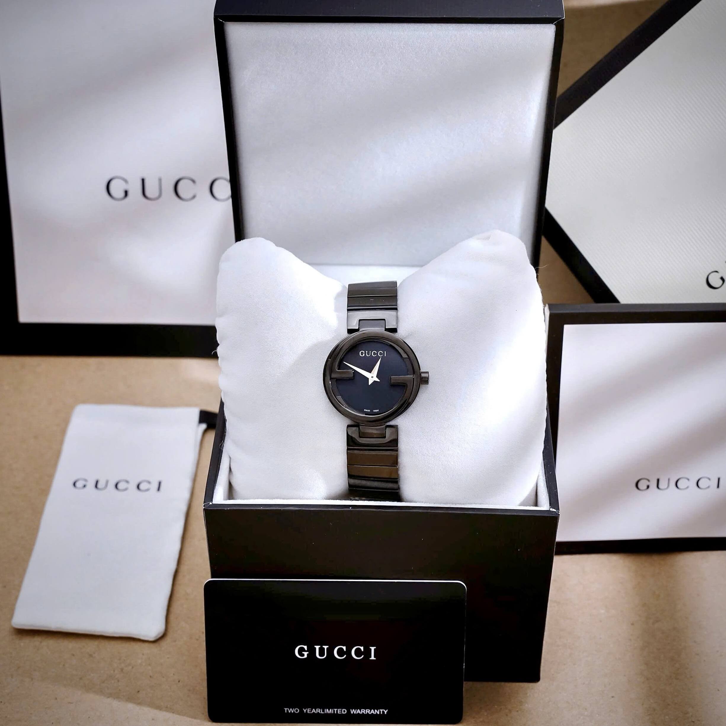 Đồng Hồ Cặp Gucci Dây Kim Loại Màu Đen Cao Cấp Nam 44mm Nữ 29mm Quartz