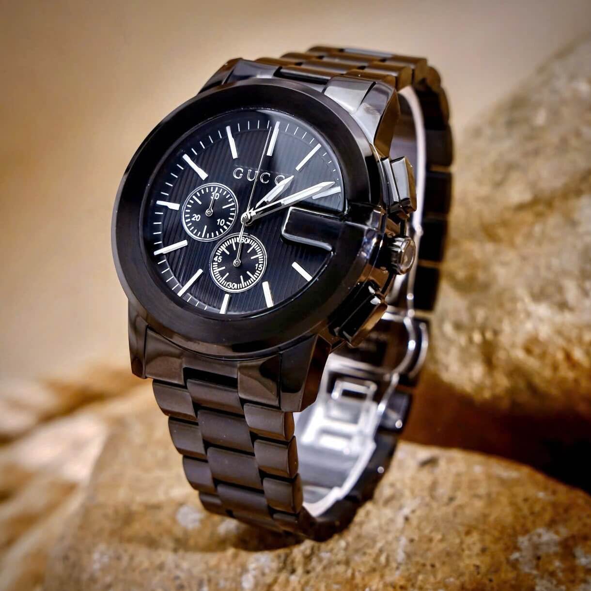 Đồng Hồ Cặp Gucci Dây Kim Loại Màu Đen Cao Cấp Nam 44mm Nữ 29mm Quartz