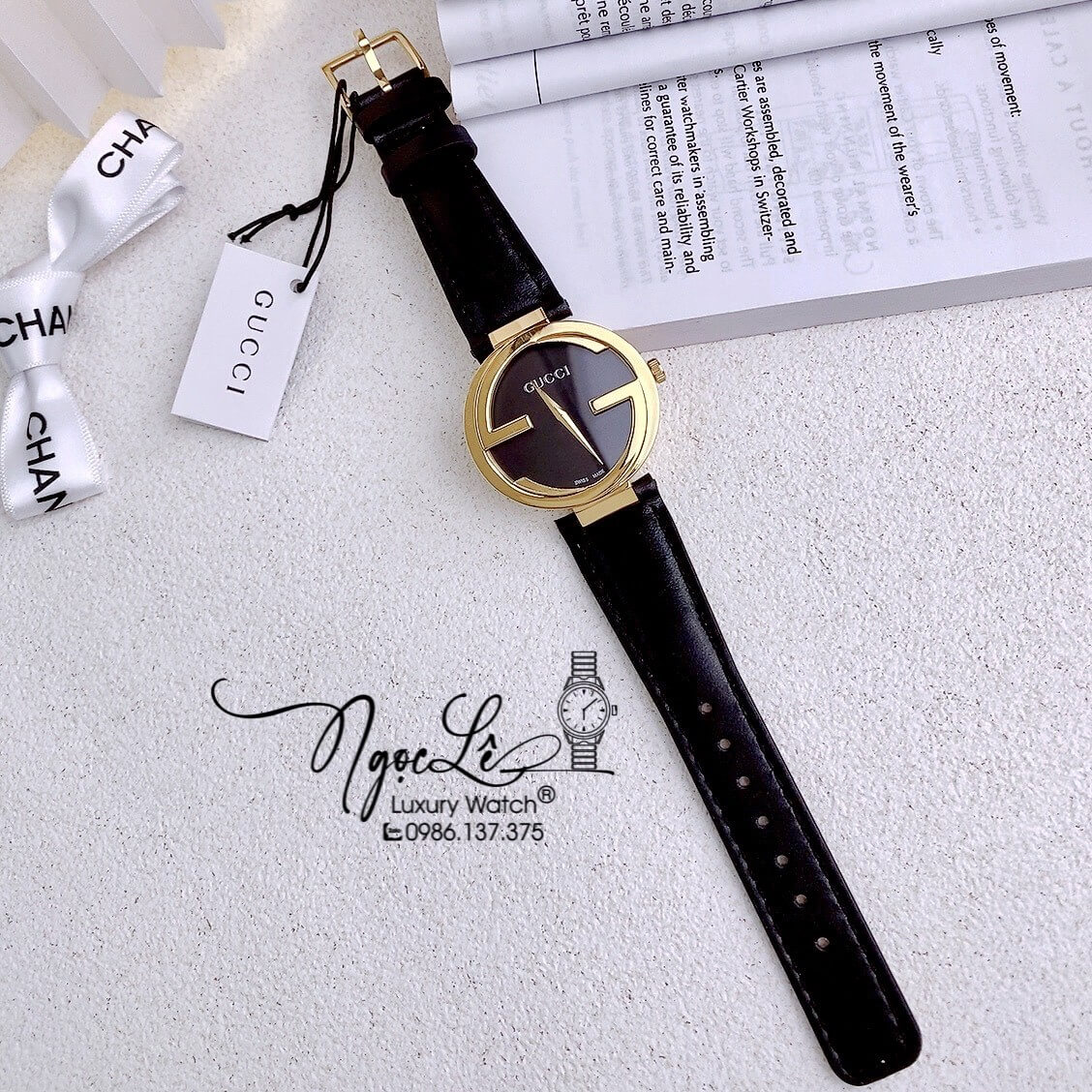 Đồng Hồ Nữ Gucci Dây Da Đen Mặt Đen Vỏ Vàng Cao Cấp Size 36mm Máy Quartz