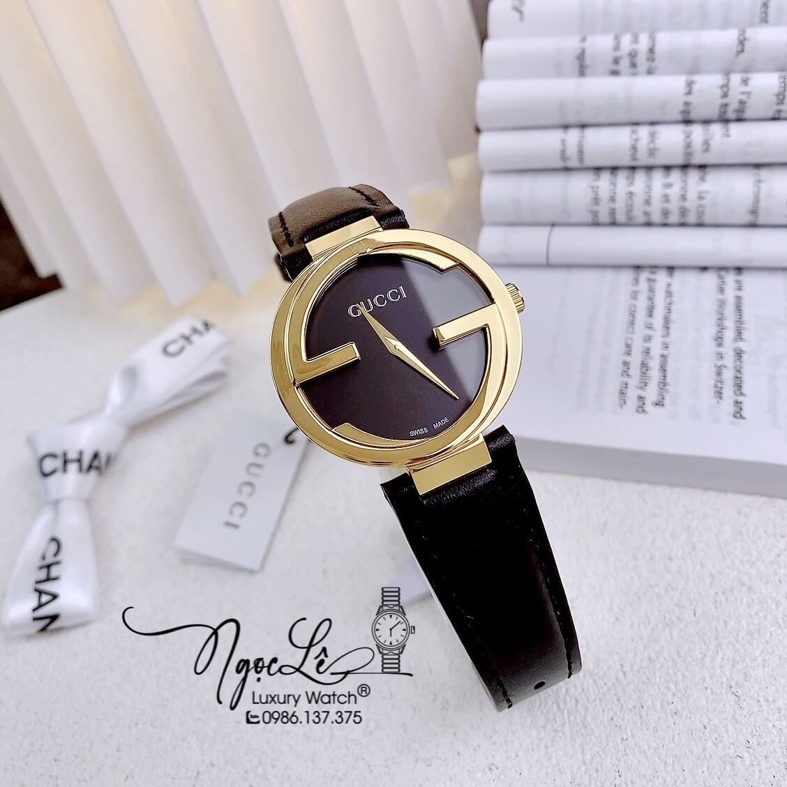 Đồng Hồ Nữ Gucci Dây Da Đen Mặt Đen Vỏ Vàng Cao Cấp Size 29mm Máy Quartz