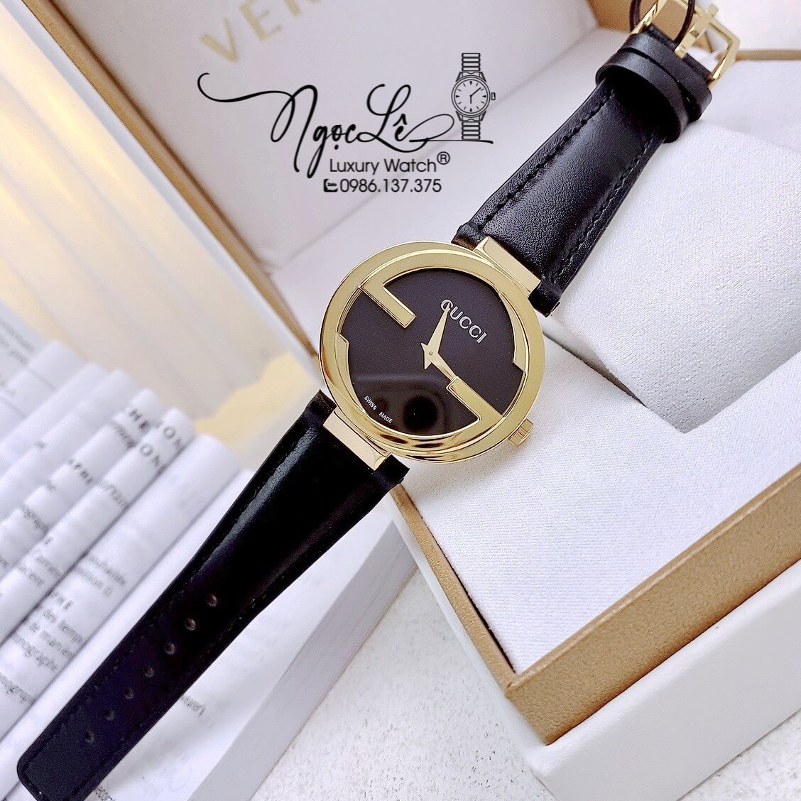 Đồng Hồ Nữ Gucci Dây Da Đen Mặt Đen Vỏ Vàng Cao Cấp Size 36mm Máy Quartz
