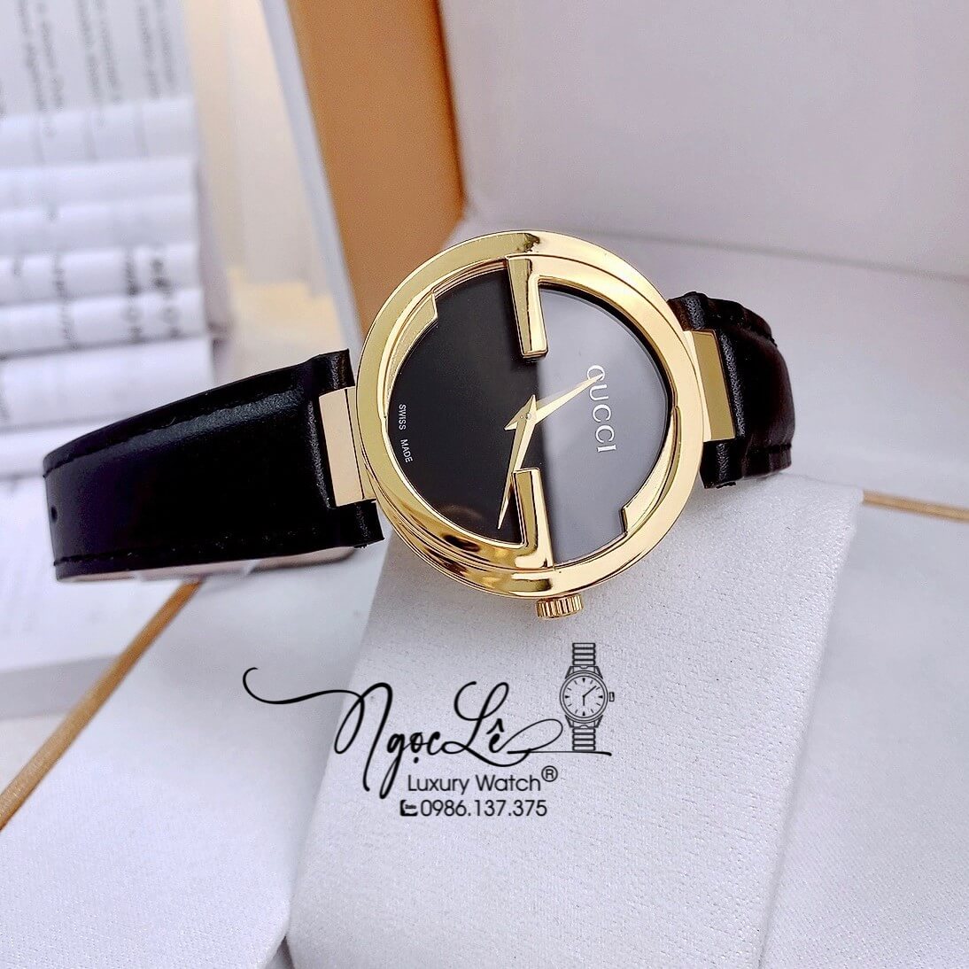 Đồng Hồ Nữ Gucci Dây Da Đen Mặt Đen Vỏ Vàng Cao Cấp Size 36mm Máy Quartz