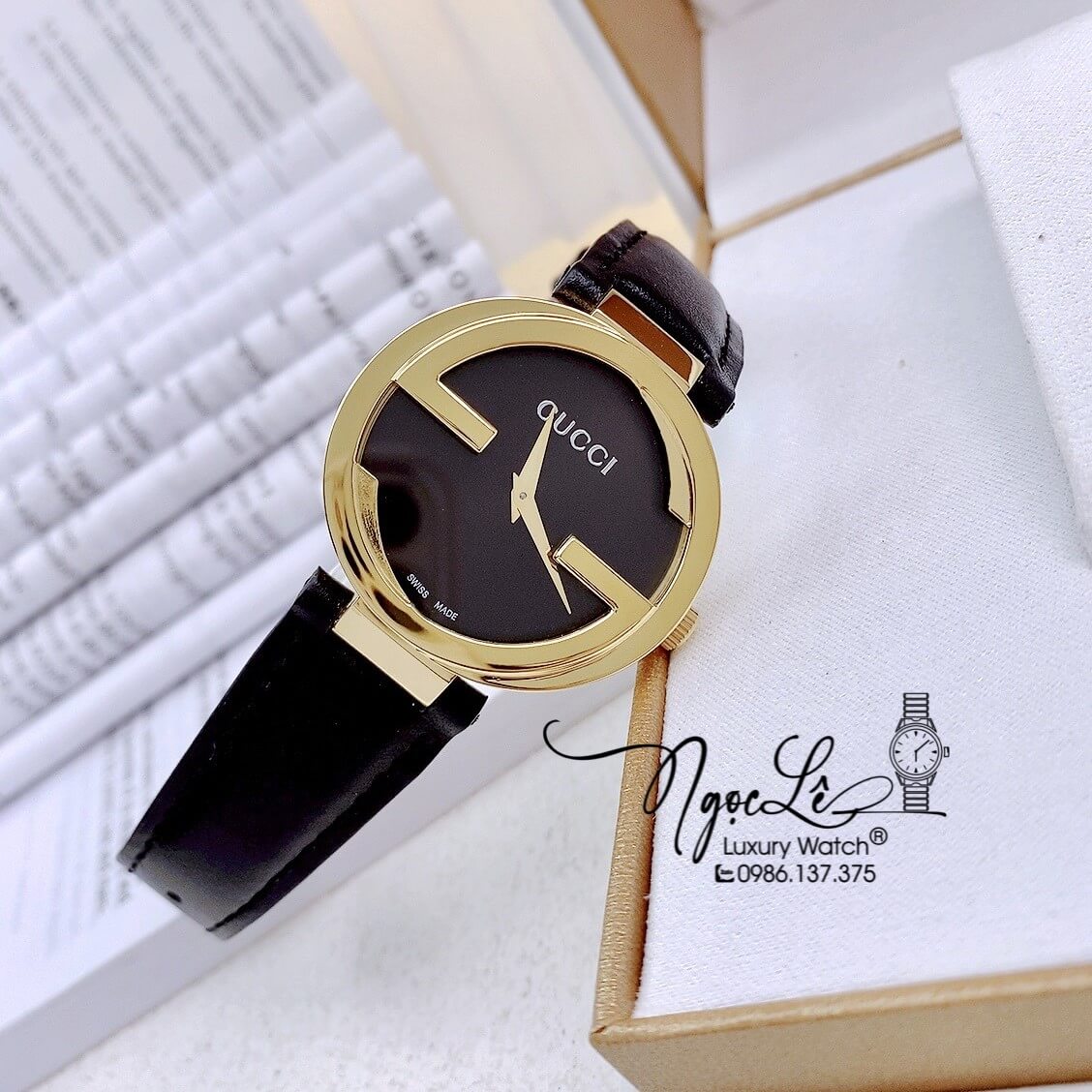 Đồng Hồ Nữ Gucci Dây Da Đen Mặt Đen Vỏ Vàng Cao Cấp Size 36mm Máy Quartz