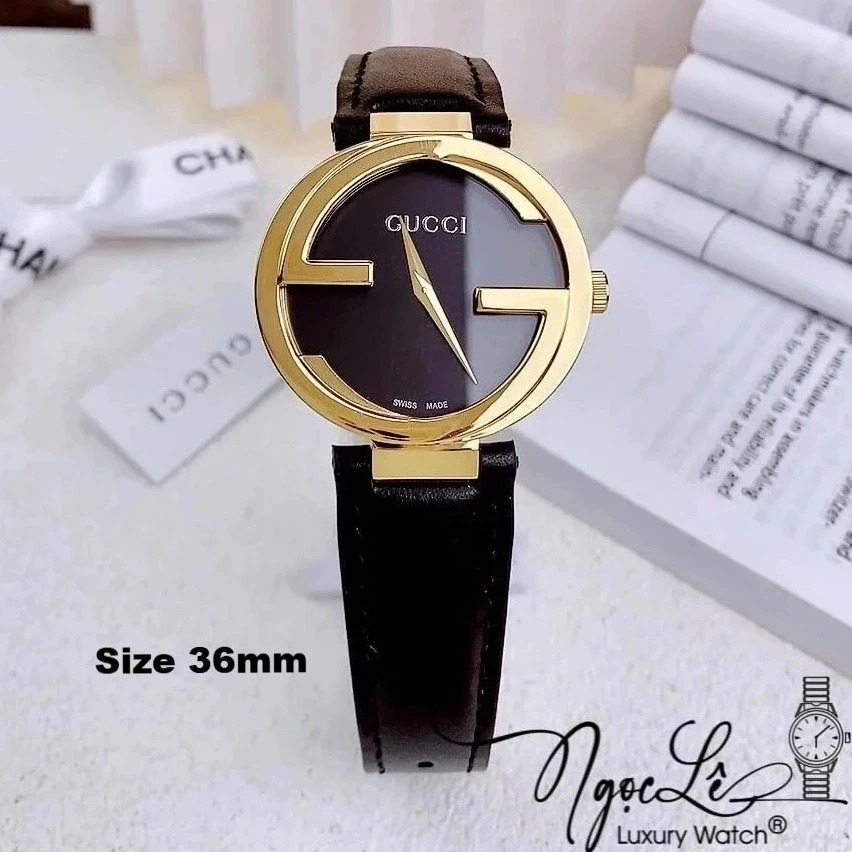 Đồng Hồ Nữ Gucci Dây Da Đen Mặt Đen Vỏ Vàng Cao Cấp Size 36mm Máy Quartz