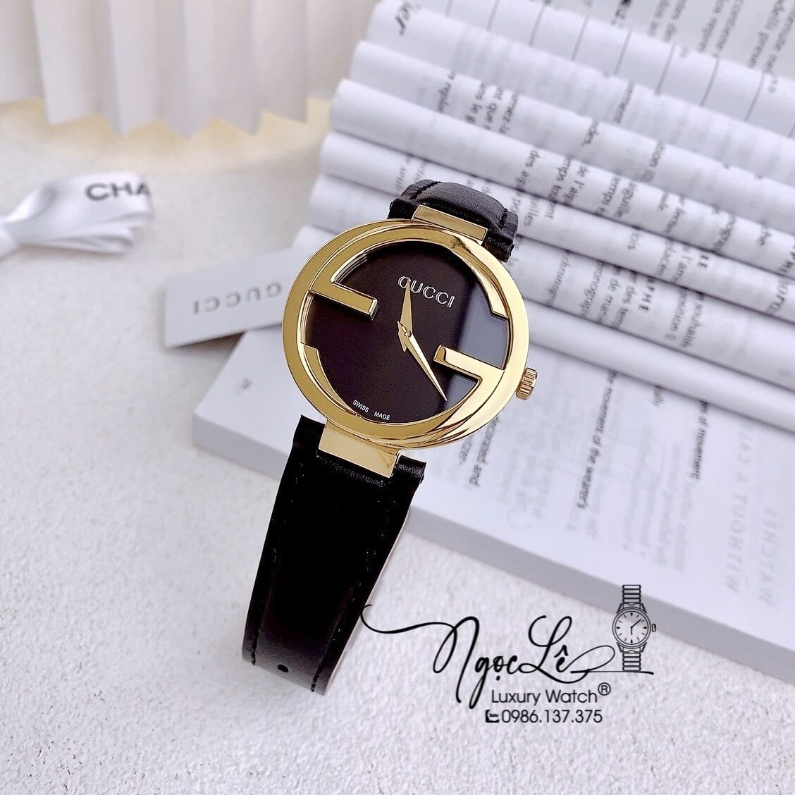 Đồng Hồ Nữ Gucci Dây Da Đen Mặt Đen Vỏ Vàng Cao Cấp Size 36mm Máy Quartz