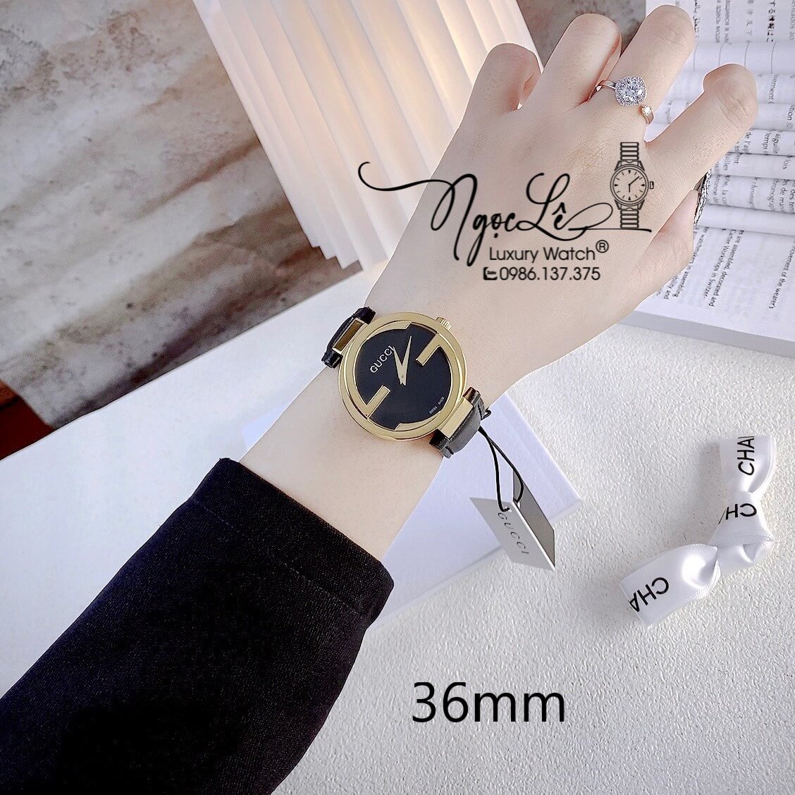 Đồng Hồ Nữ Gucci Dây Da Đen Mặt Đen Vỏ Vàng Cao Cấp Size 36mm Máy Quartz