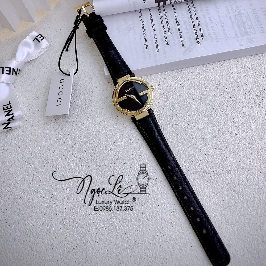 Đồng Hồ Nữ Gucci Dây Da Đen Mặt Đen Vỏ Vàng Cao Cấp Size 29mm Máy Quartz