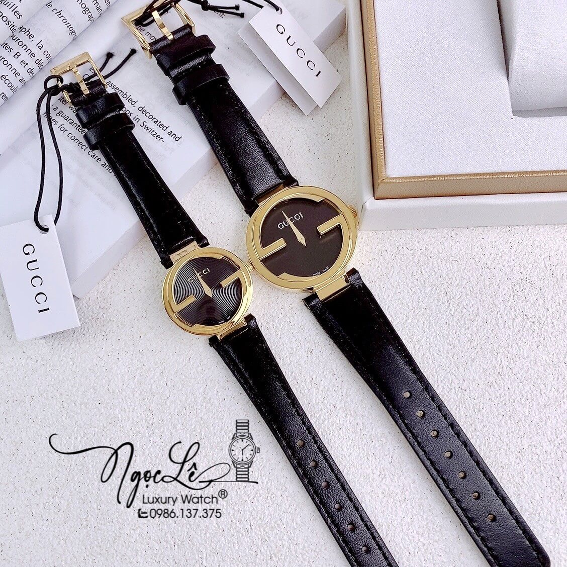 Đồng Hồ Nữ Gucci Dây Da Đen Mặt Đen Vỏ Vàng Cao Cấp Size 36mm Máy Quartz