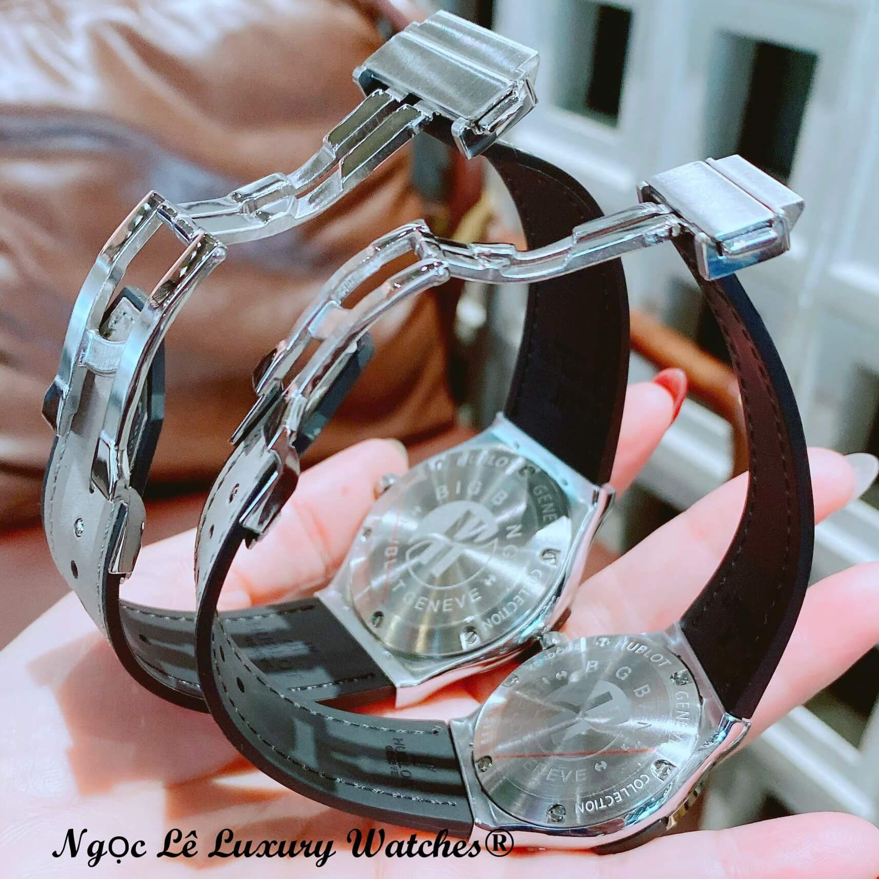 Đồng Hồ Cặp Hublot Classic Fusion Dây Da Xám Đính Đá Vỏ Thép Silver Size 41mm - 34mm Quartz