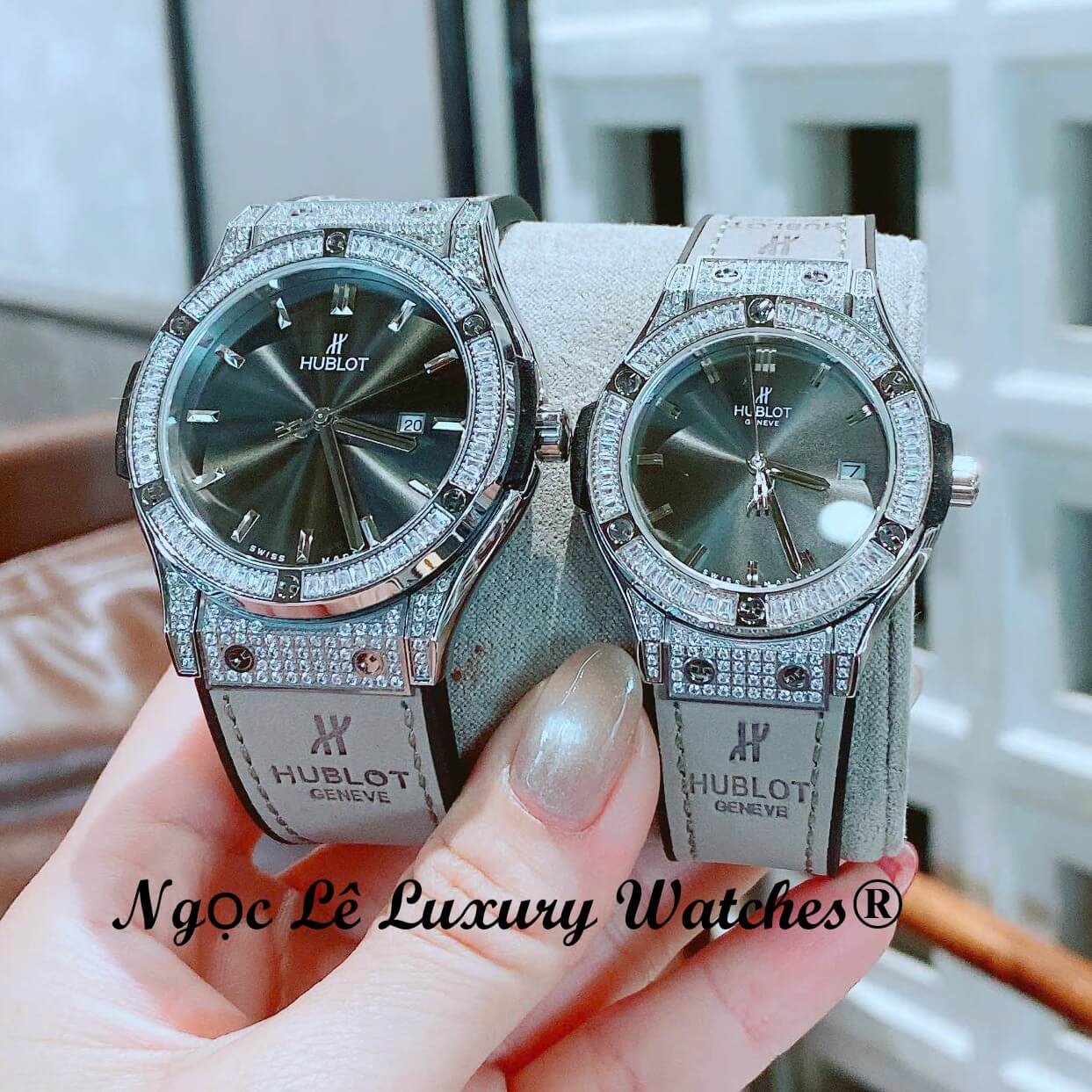 Đồng Hồ Cặp Hublot Classic Fusion Dây Da Xám Đính Đá Vỏ Thép Silver Size 41mm - 34mm Quartz