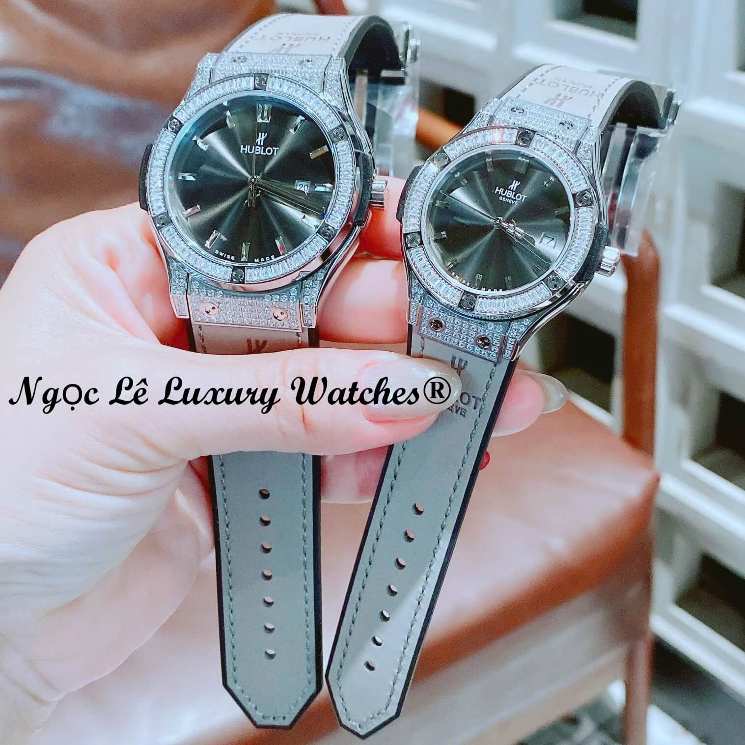 Đồng Hồ Cặp Hublot Classic Fusion Dây Da Xám Đính Đá Vỏ Thép Silver Size 41mm - 34mm Quartz