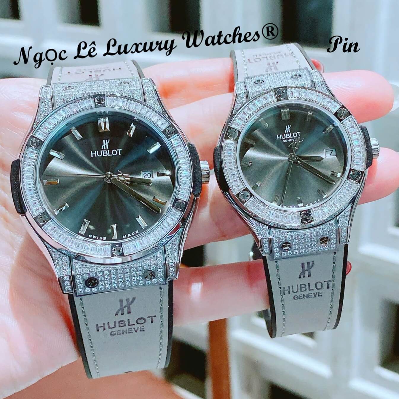 Đồng Hồ Cặp Hublot Classic Fusion Dây Da Xám Đính Đá Vỏ Thép Silver Size 41mm - 34mm Quartz