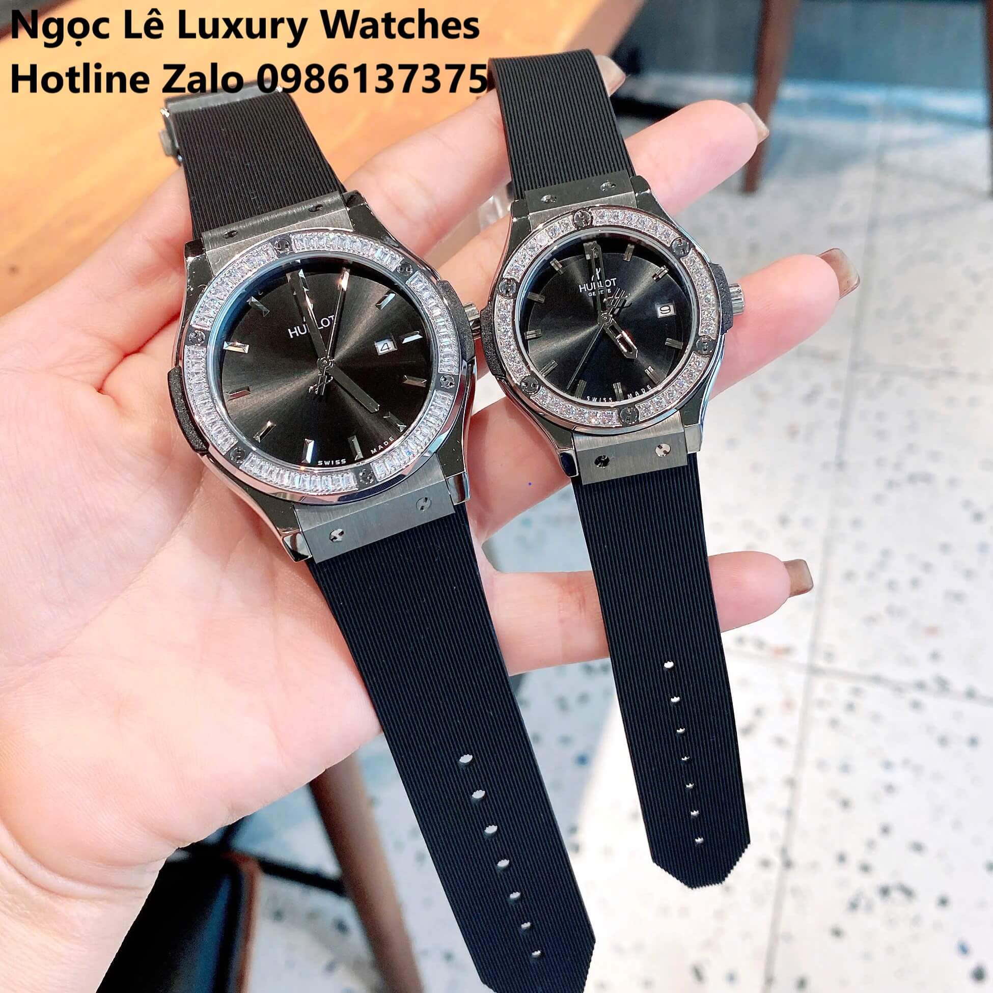 Đồng Hồ Cặp Hublot Classic Fusion Pin Dây Cao Su Đen Đính Đá Vỏ Bạc Size 41mm - 34mm