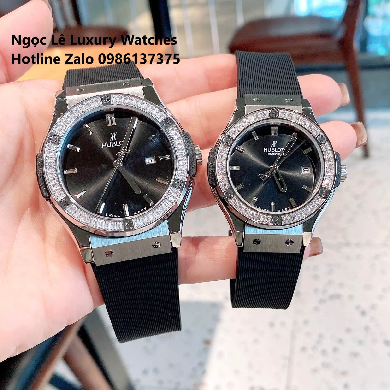 Đồng Hồ Cặp Hublot Classic Fusion Pin Dây Cao Su Đen Đính Đá Vỏ Bạc Size 41mm - 34mm