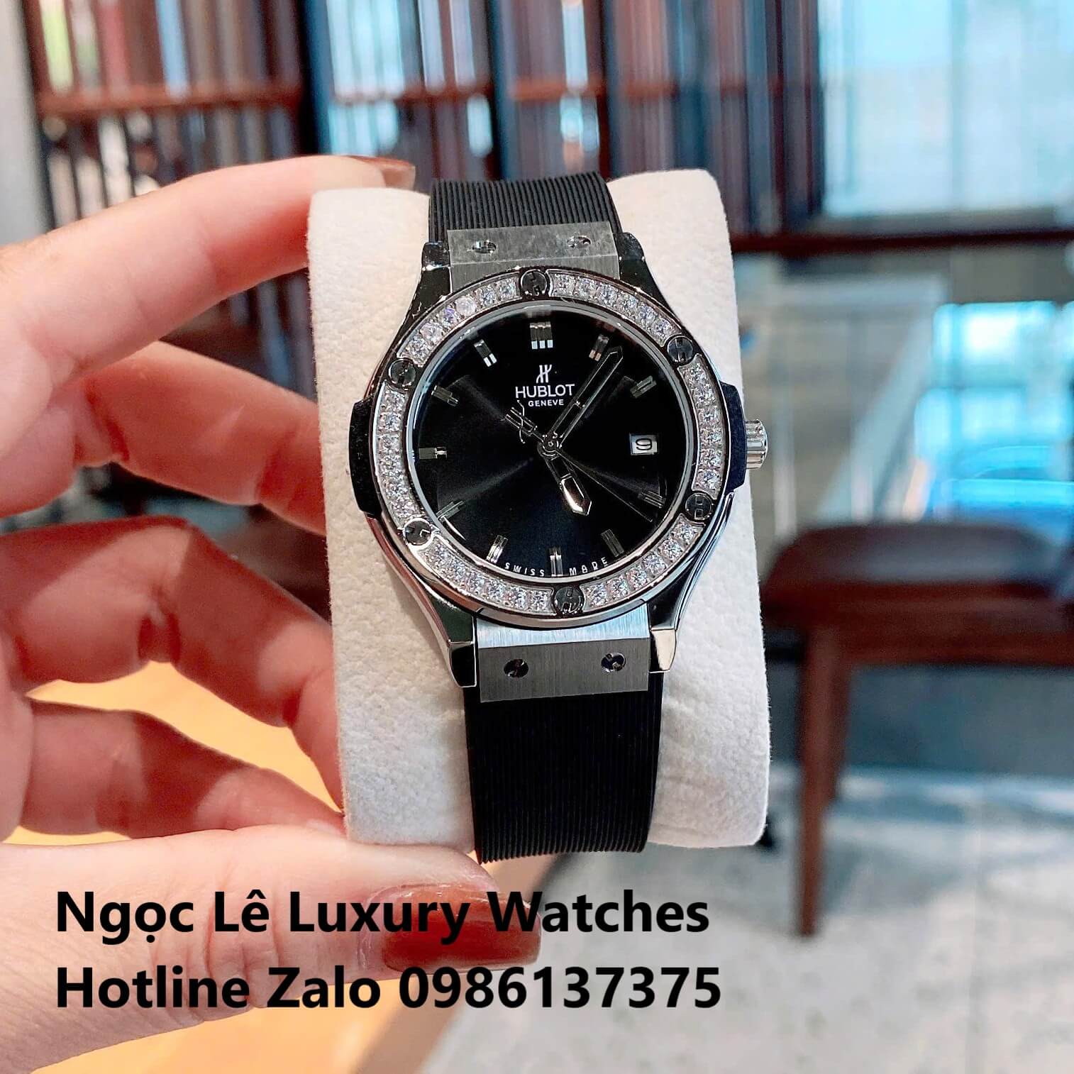 Đồng Hồ Cặp Hublot Classic Fusion Pin Dây Cao Su Đen Đính Đá Vỏ Bạc Size 41mm - 34mm