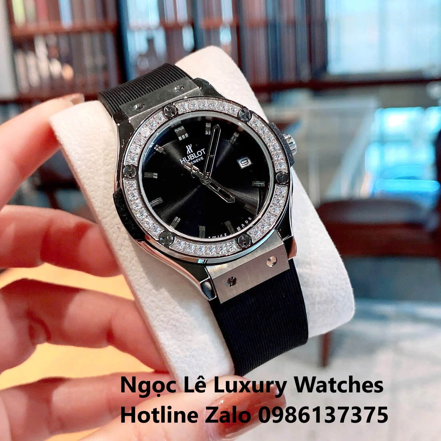 Đồng Hồ Cặp Hublot Classic Fusion Pin Dây Cao Su Đen Đính Đá Vỏ Bạc Size 41mm - 34mm